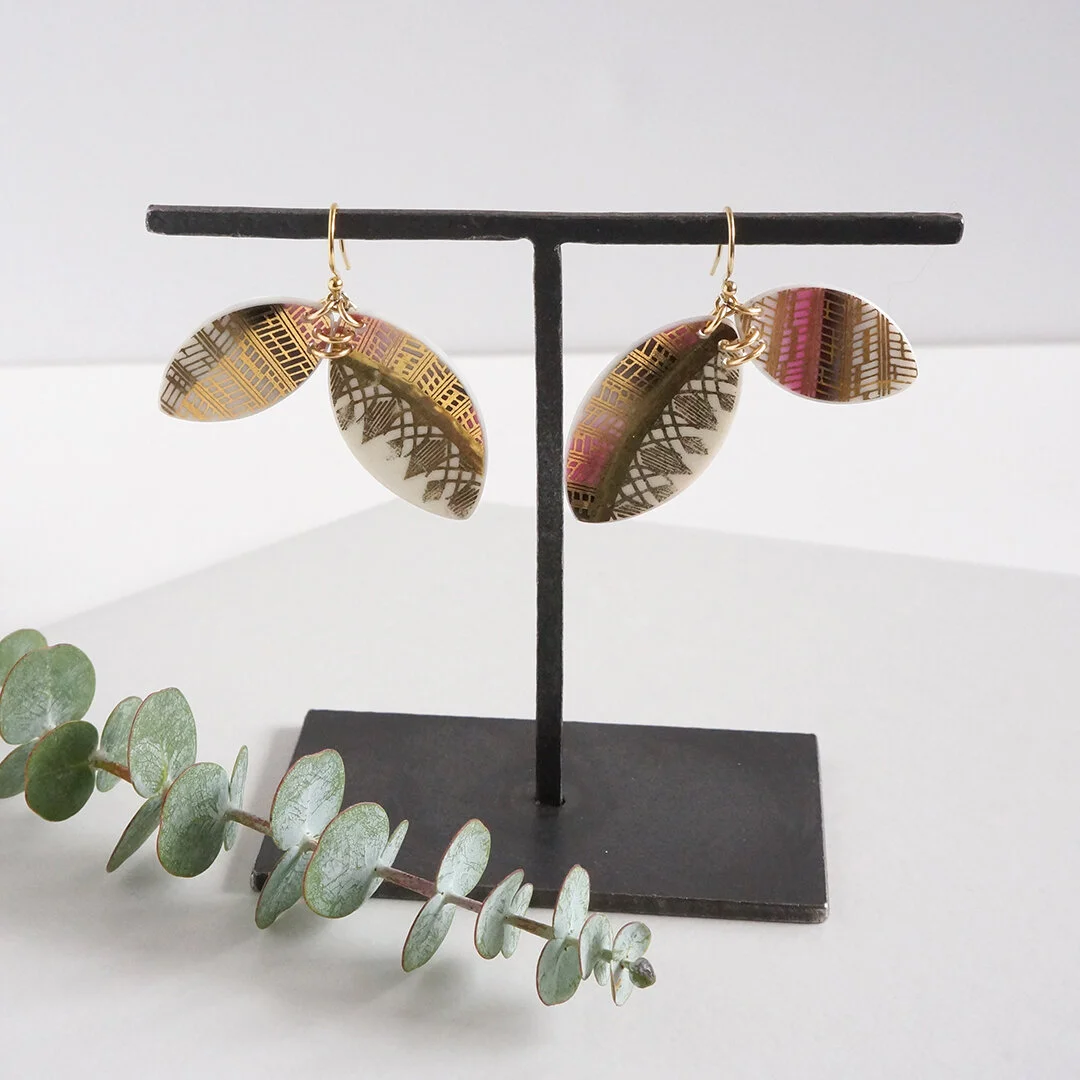 crimson and gold earrings made from broken china