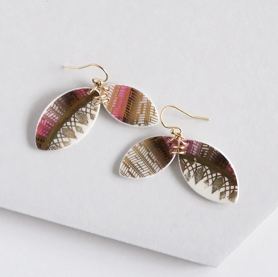 crimson and gold earrings made from upcycled china
