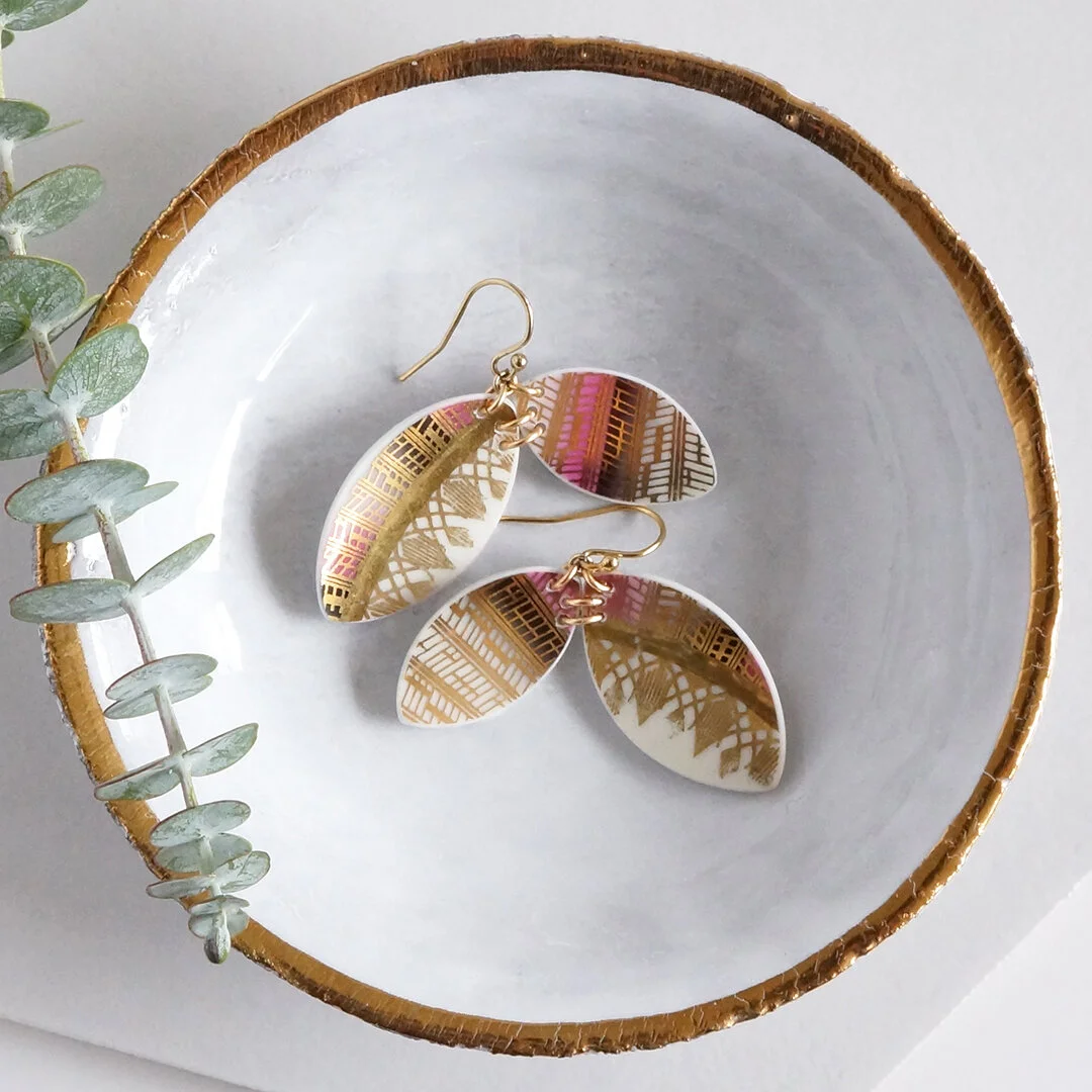 crimson and gold earrings made from recycled china