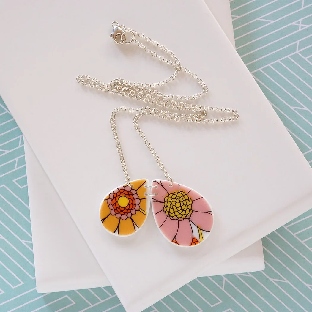 Vintage china necklace with two drop shaped pieces with orange and pink flowers and sterling silver chain handmade in portland oregon by Material+Movement