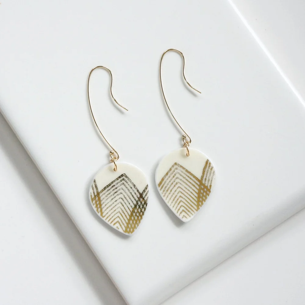 mid century gold line vintage china earrings in a drop shape with
