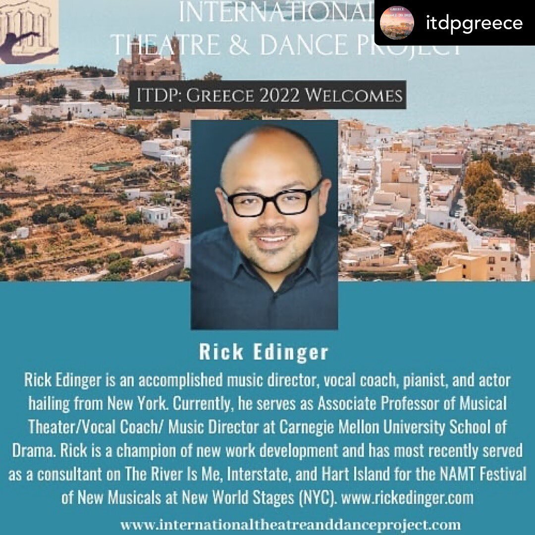 Posted @withregram &bull; @itdpgreece ITDP 2022 is thrilled to have @rickedingernyc at the helm of our new musical theatre vocal performance component! Stay tuned for more info leading up to our enrollment launch!

#theatre #arts #education #broadway
