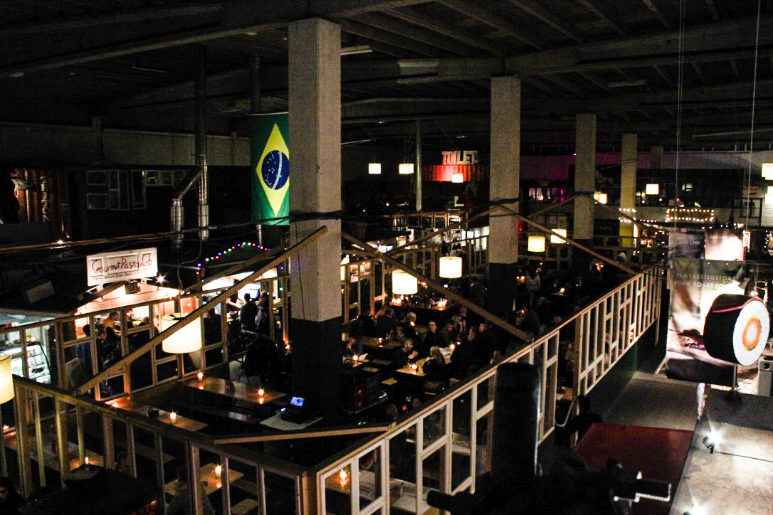 I took this picture from one of the decks overlooking the scene below. There are rows of food on either side, and more table seating in the middle