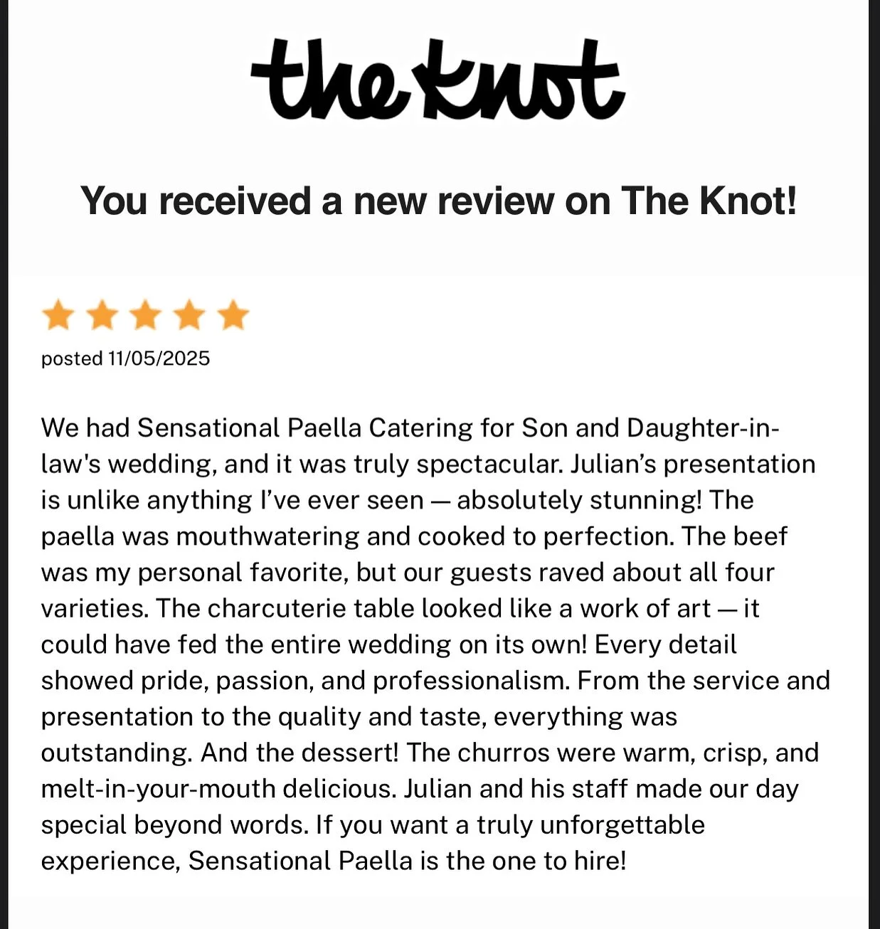 We pour our hearts into every paella we make &mdash; and reviews like this remind us that passion always shows up on the plate. 🙏✨
Thank you to our amazing clients for letting us be part of your celebration.
.
.
.
.
.

#SensationalPaella #BostonCate