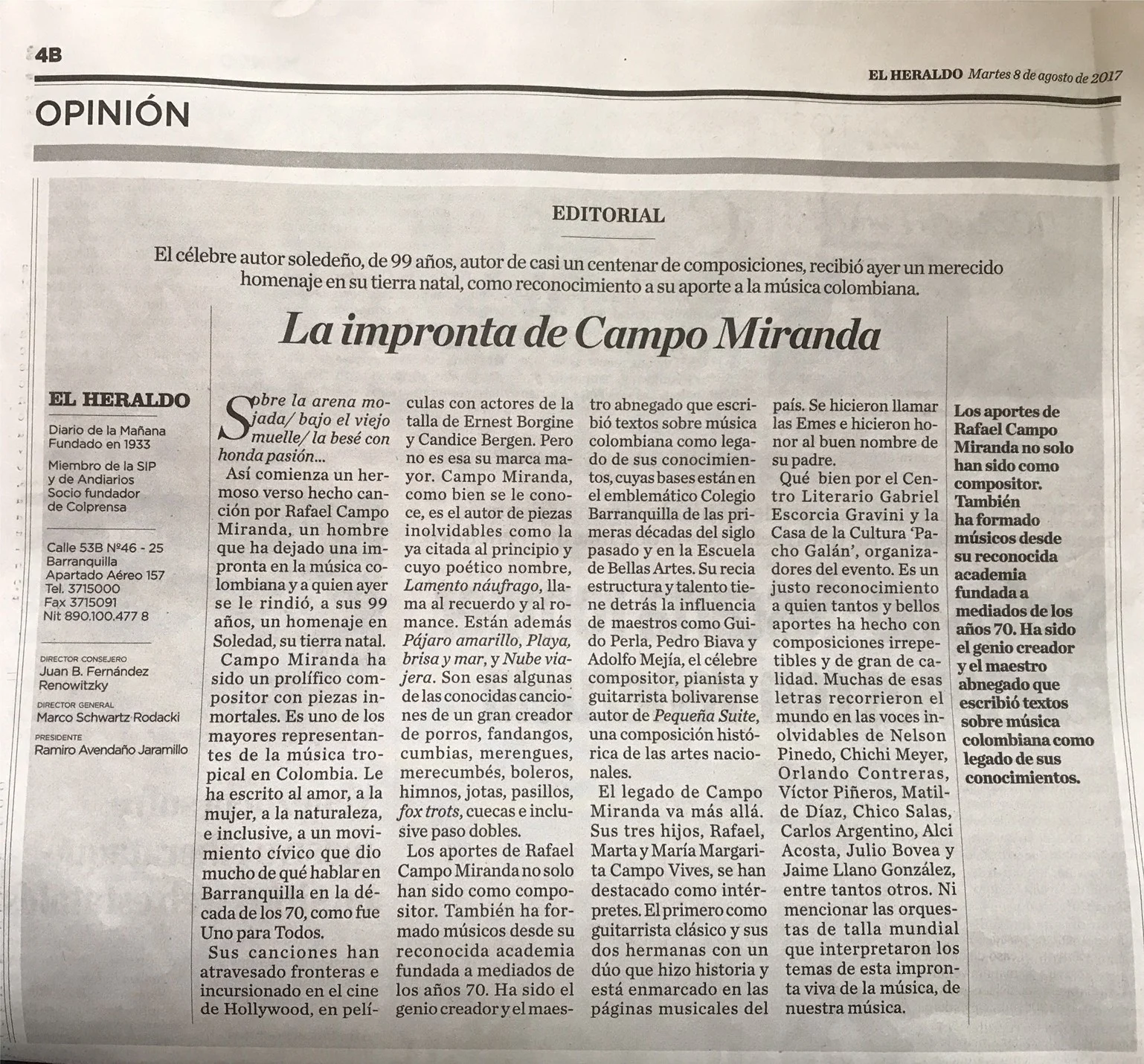 Editorial de El Heraldo, martes 8 de Agosto de 2017 - Barranquilla / Colombia.