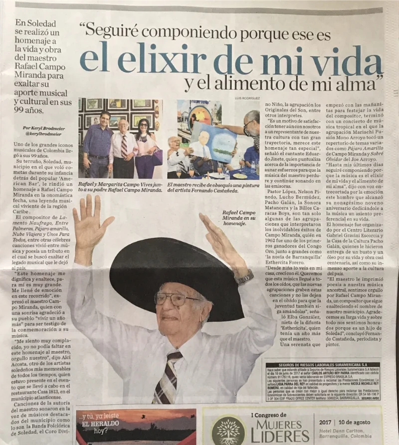 Crónica del periódico El Heraldo al cumplir Rafael Campo Miranda 99 años de edad.