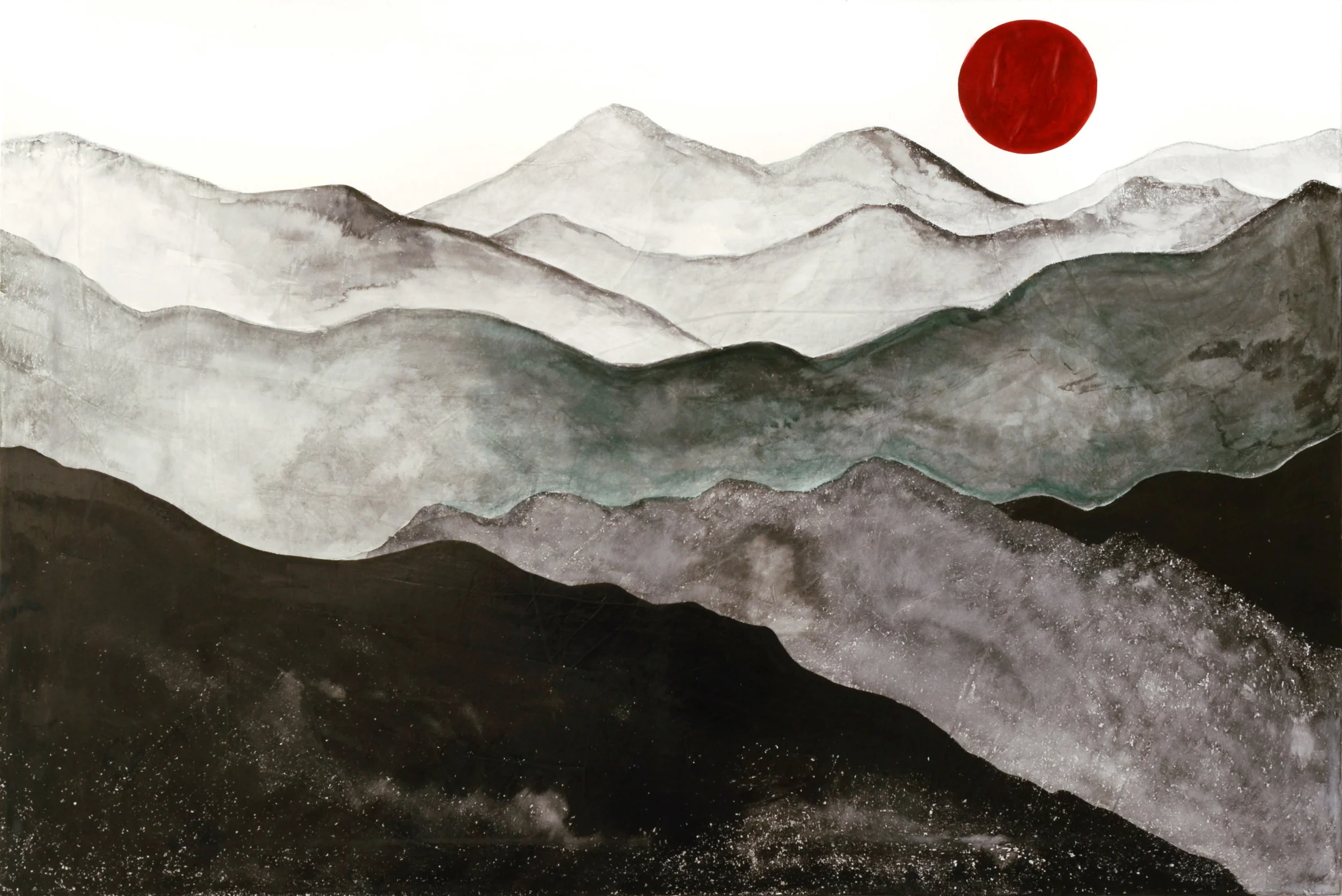 Red moon over gray mountain range painting