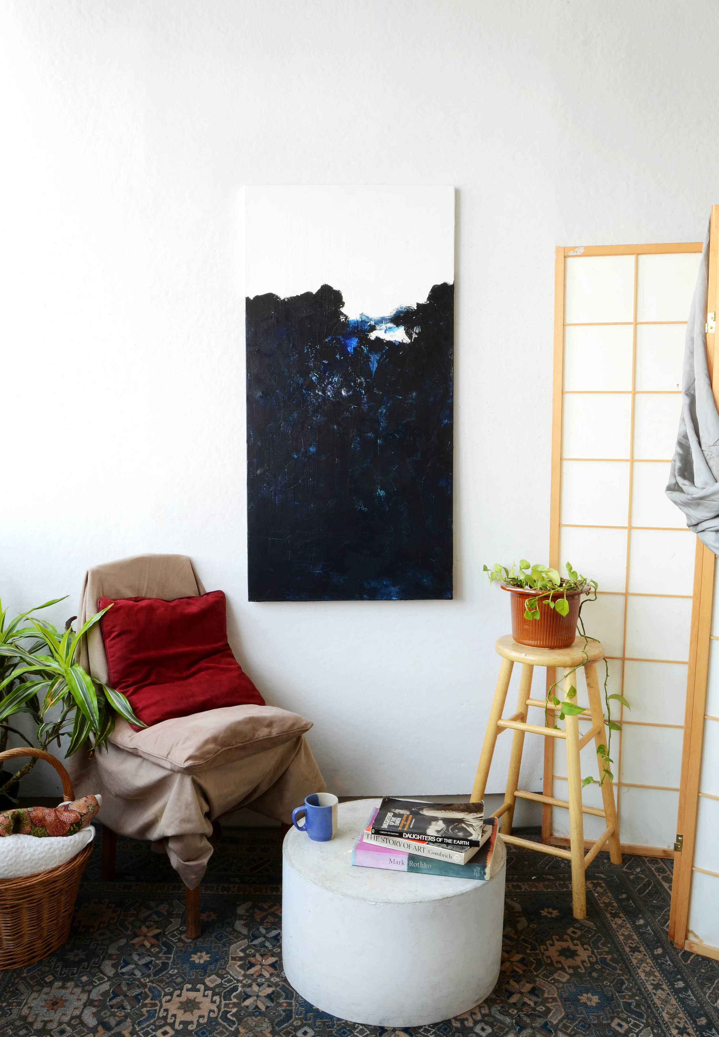 blue black painting on wall