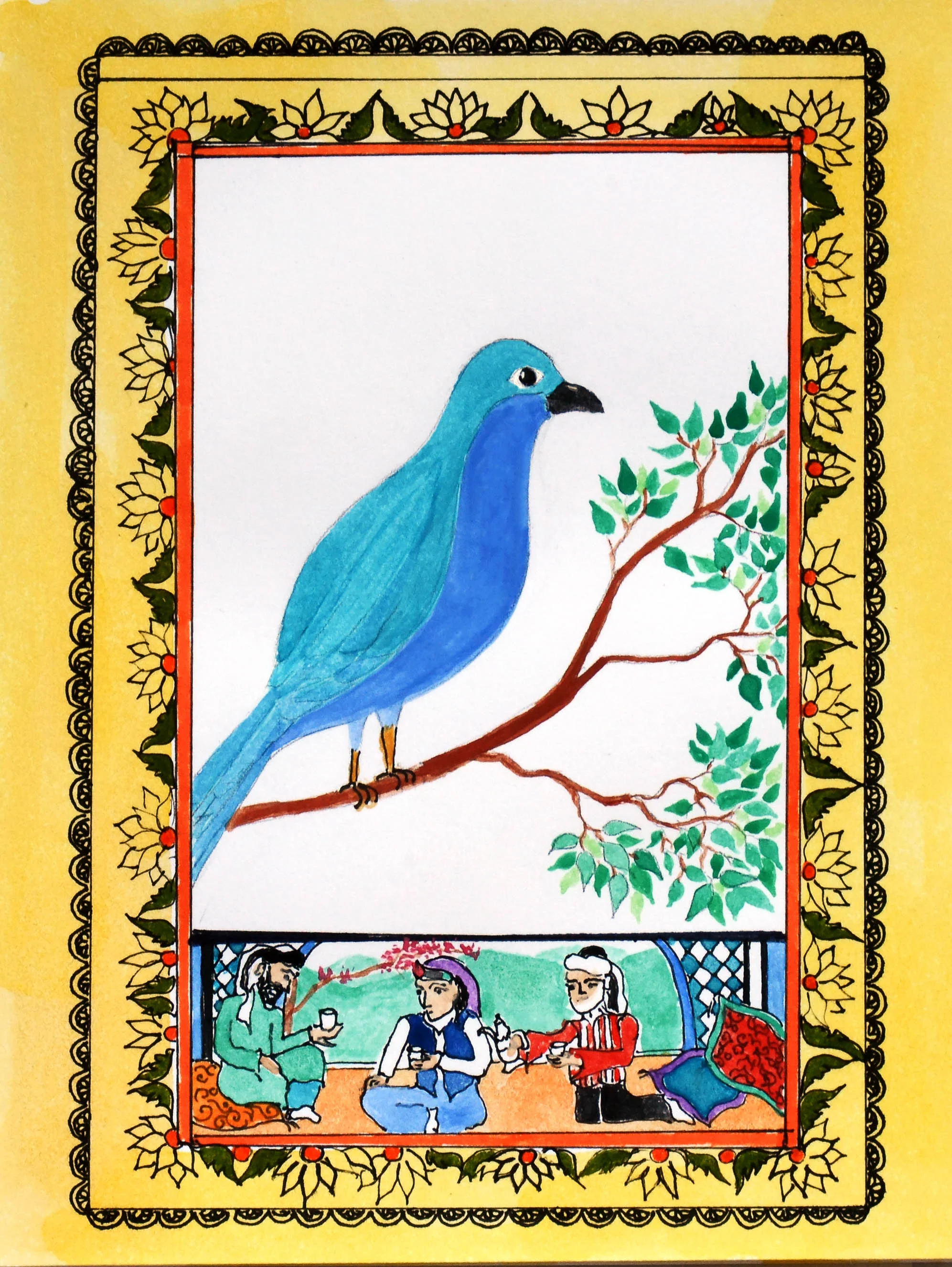 blue bird above Persian tea party