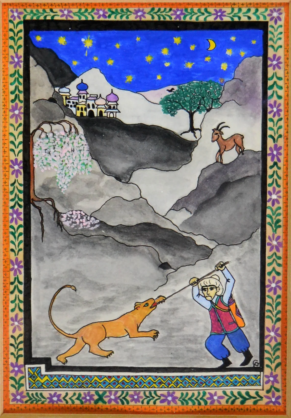 persian watercolor man fighting mountain lion