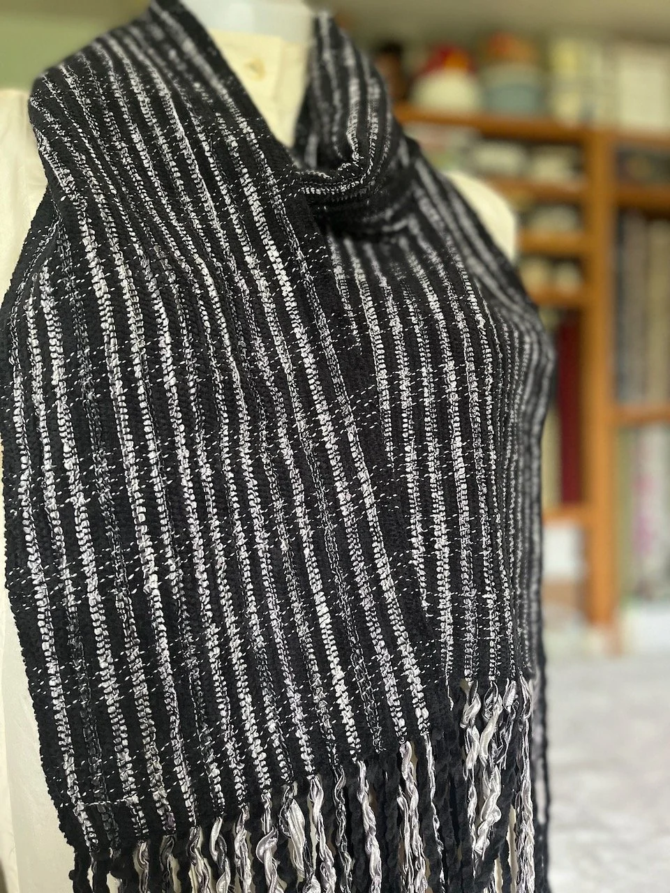 Handwoven Cotton Chenille Scarf - Black Silver