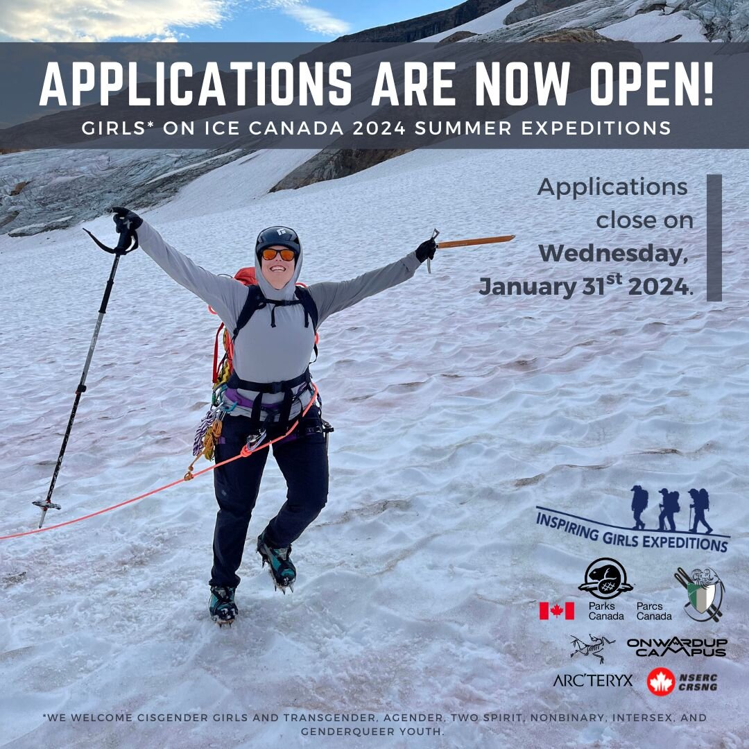 drumroll please... 🥁 

📣 Applications are now OPEN for Girls* on Ice Canada (GOIC) 2024 summer expeditions!

❄️ If you are 16-18 years old and enrolled in high school, we welcome you to APPLY &amp; JOING oir team of female professional mountain gui