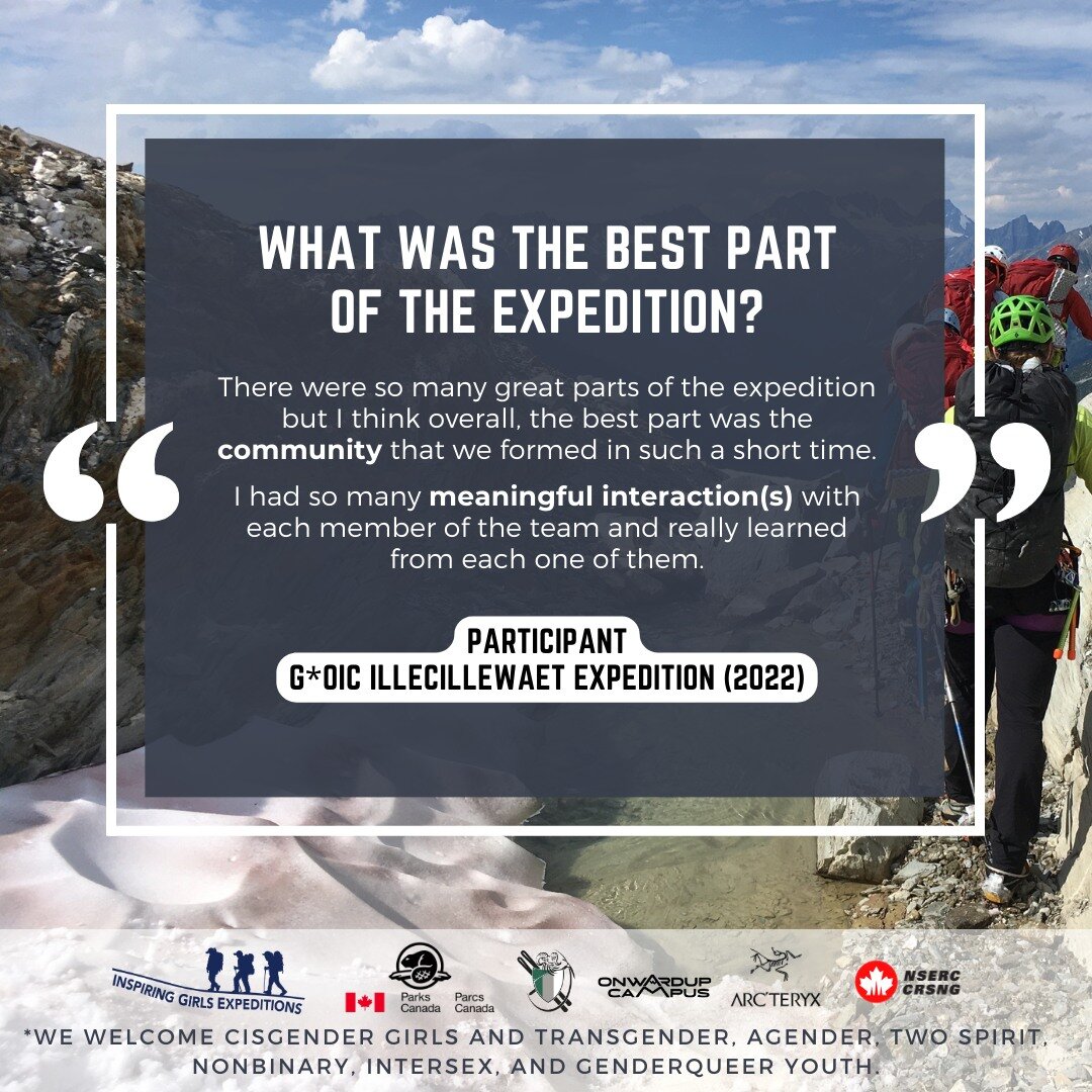 Thank you to those who have submitted their app to the Girls* on Ice Canada (GOIC) 2024 summer expeditions!!❤️ 

🤔 If you haven't yet, you still have time! Check out what some of our #GOIC #alumni have said about their experience in past years!

ELI