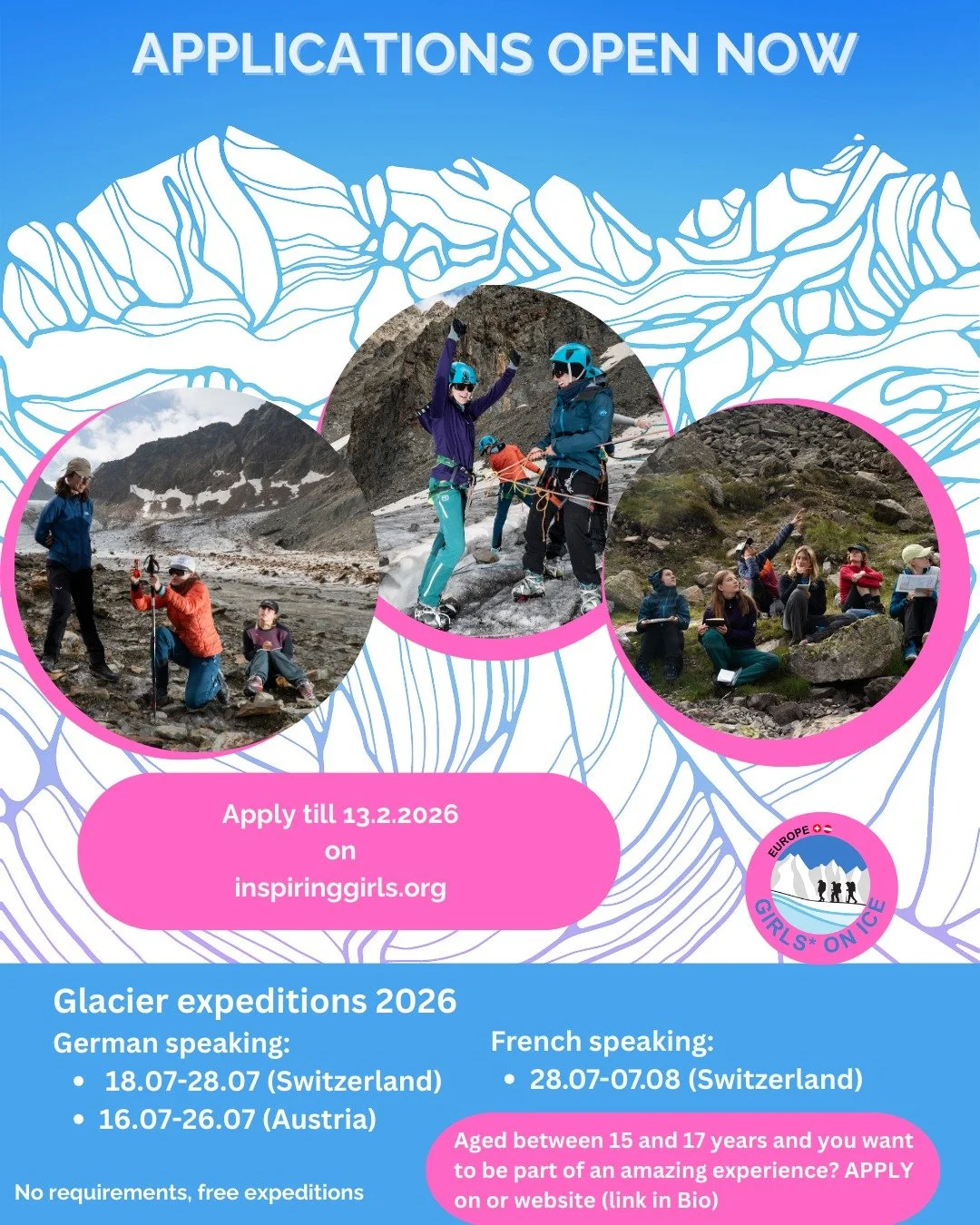 Application window is open!

Are you in between 15 and 17 years old and would like to spend 1 week learning about glaciers, yourself and nature? 

Then apply for our next expeditions in summer 2026 on inspringgirls.org (you can find the link in our b