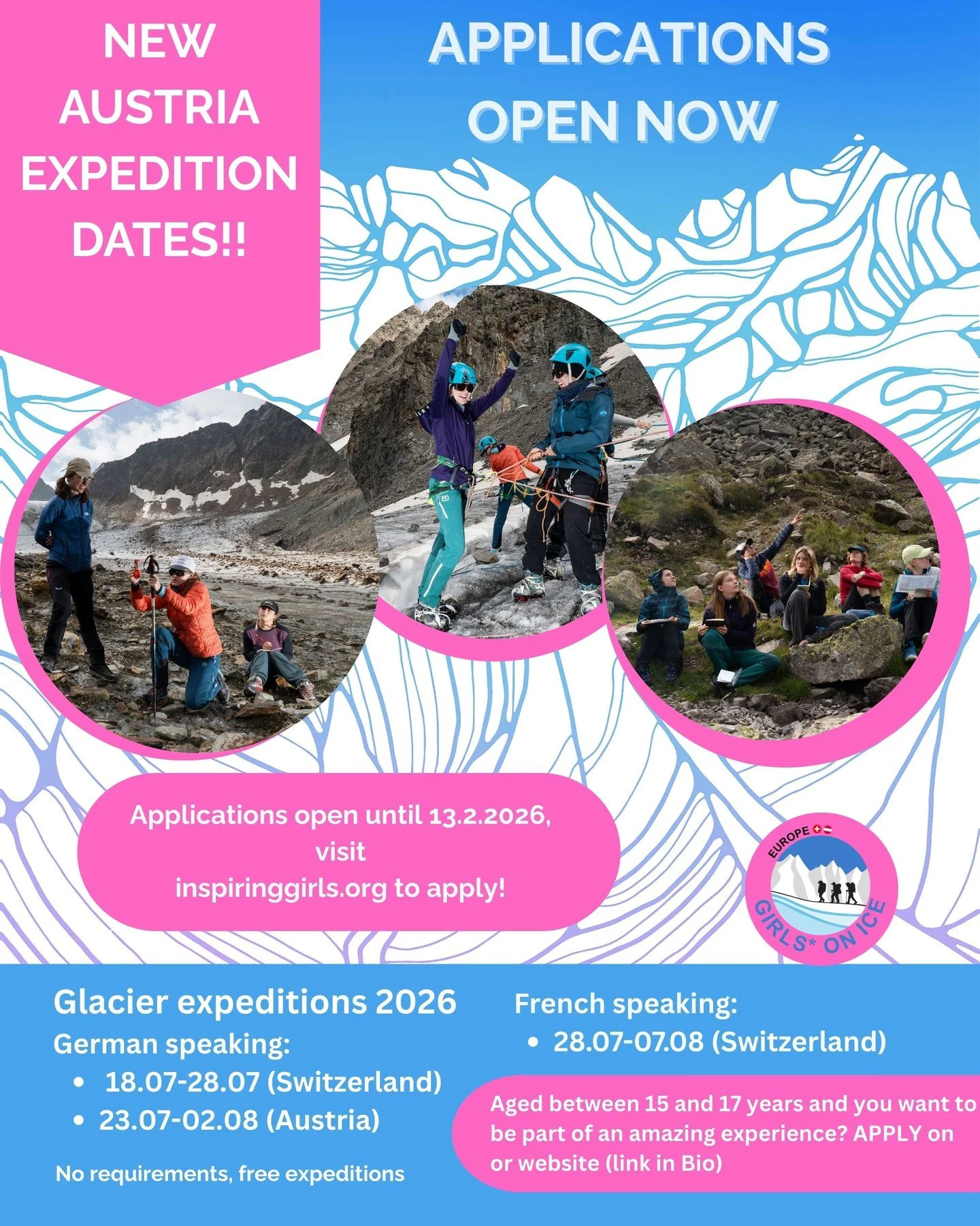 ❗Important❗
New date for the Girls* on Ice Austria expedition!

Apply now for unique experiences in Austria or Switzerland! Thanks to our supporters it's free for participants!