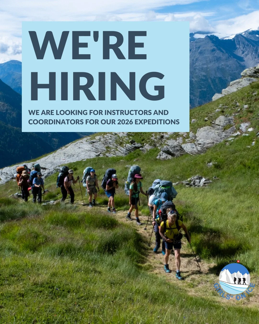 Girls* on Ice Switzerland is looking for you! We are hiring instructors and coordinators for our expeditions in 2026 🥳 ❄️! If you are interested, you can find more information and the application form on our website: www.inspiringgirls.org/work-with