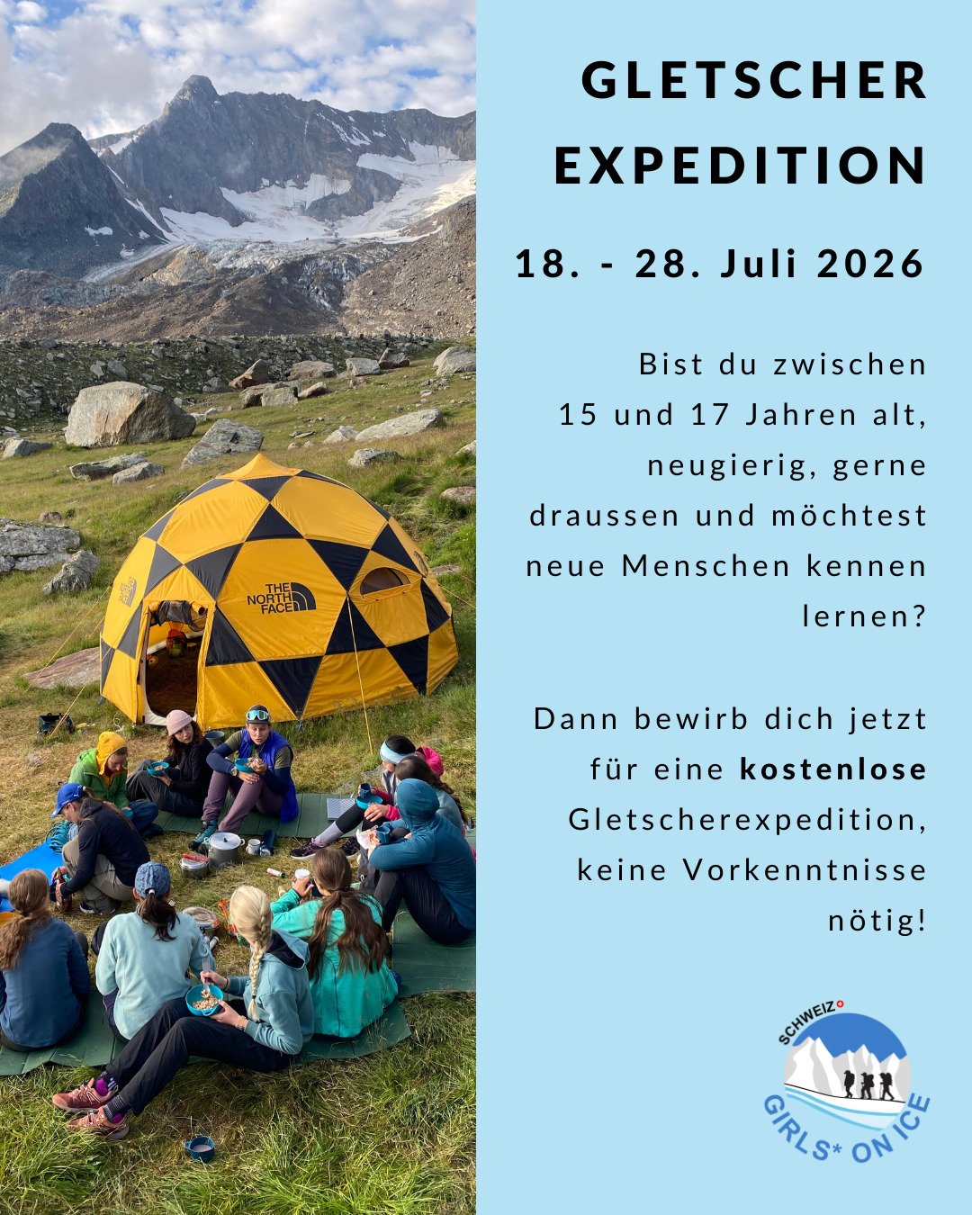 Bewirb dich jetzt f&uuml;r unsere kostenlose Girls* on Ice Schweiz Expedition 2026 ❄! 

Unsere Expeditionen kombinieren Wissenschaft, Kunst und Bergsteigen und erm&ouml;glichen einzigartige Erfahrungen in den Bergen mit einem tollen Team . 

Es sind 