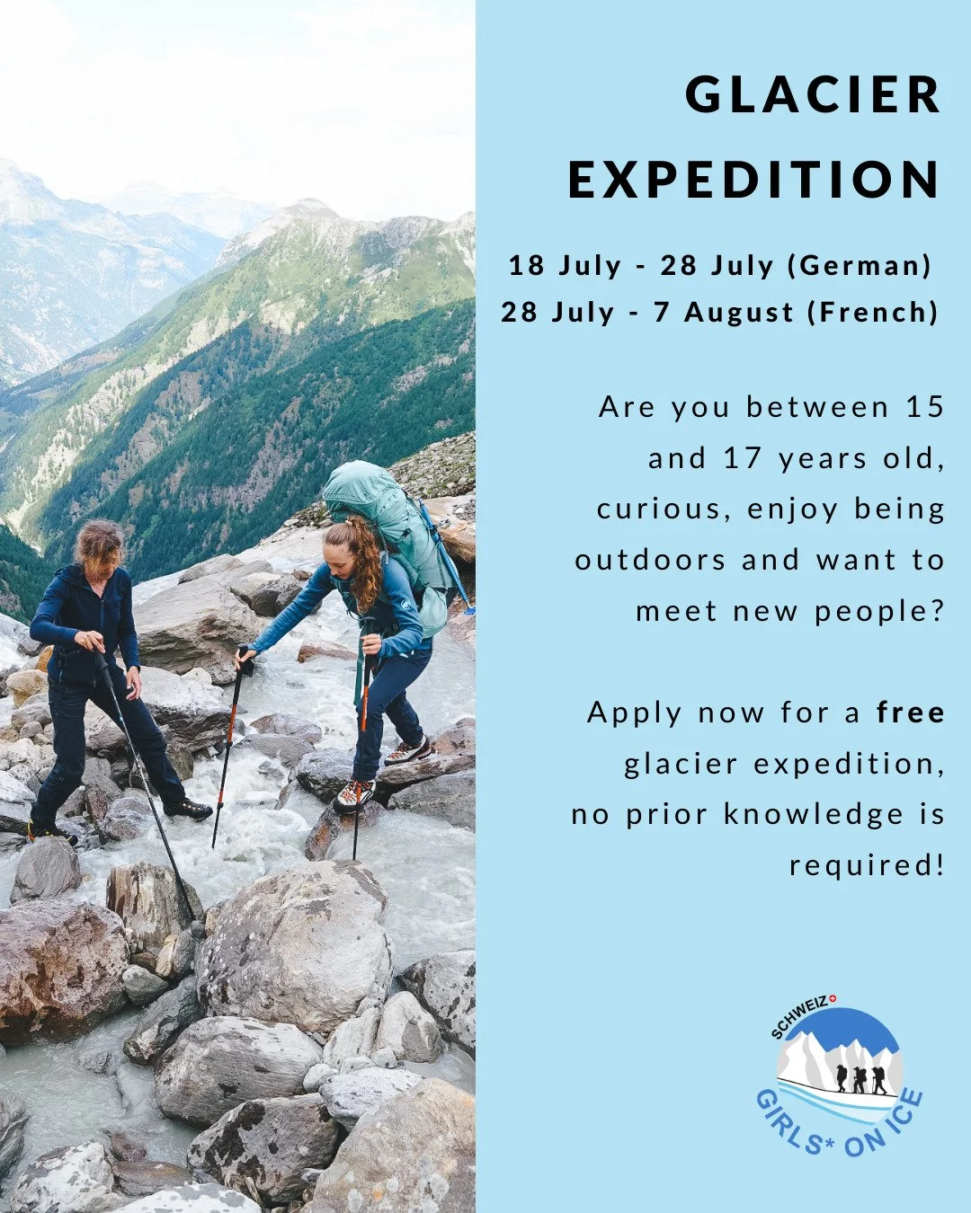 Apply now for our free Girls* on Ice Switzerland Expeditions 2026 ❄!

Our expeditions combine science, art and mountaineering, offering unique experiences in the mountains with a great team.

No prior knowledge is necessary and specific equipment wil