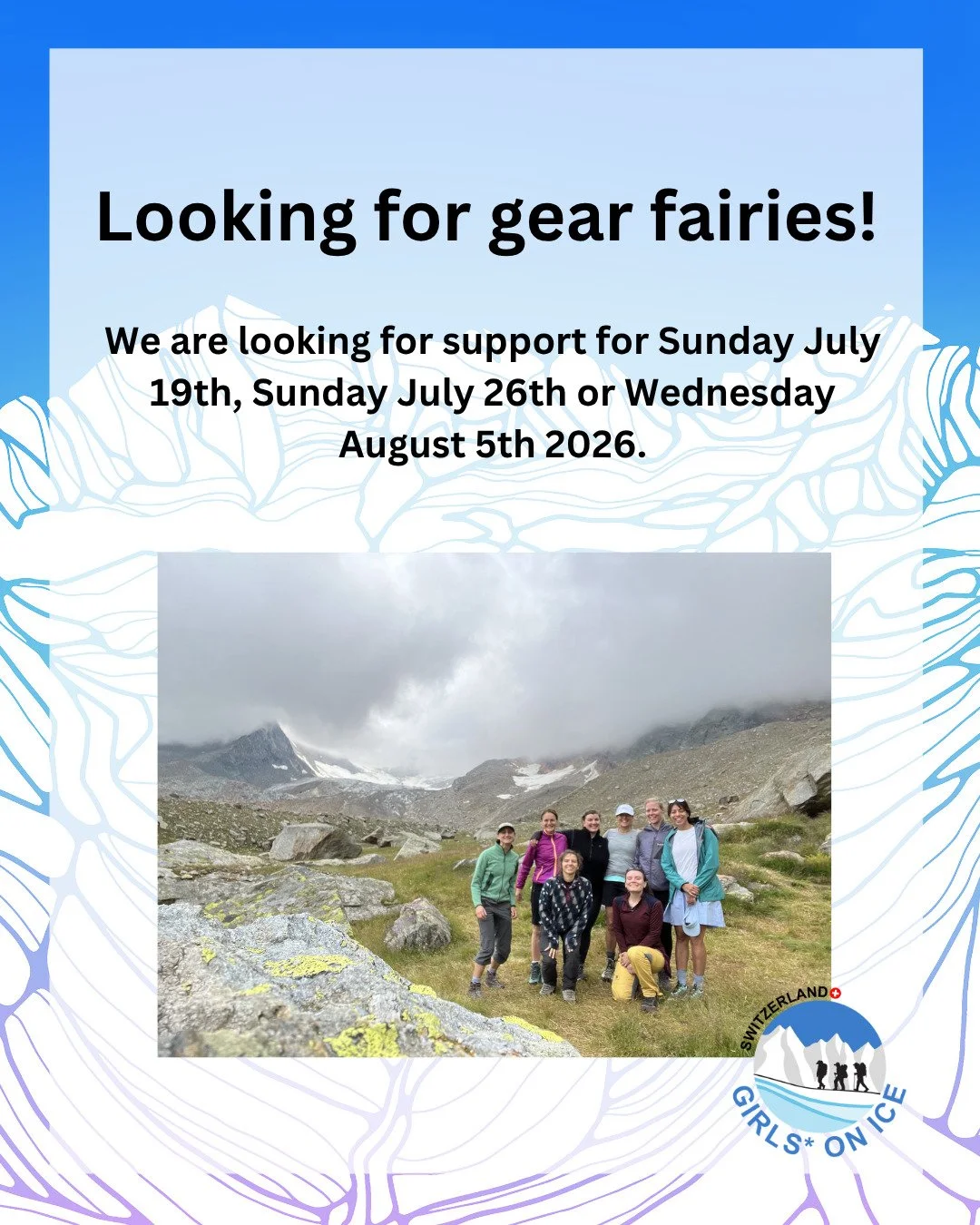 Would you like to spend a lovely day in the mountains with like-minded people, whilst supporting a good cause? 
We're looking for you as gear fairy for our Girls* on Ice Switzerland 2026 expedition!

Find more information via link in bio or directly 