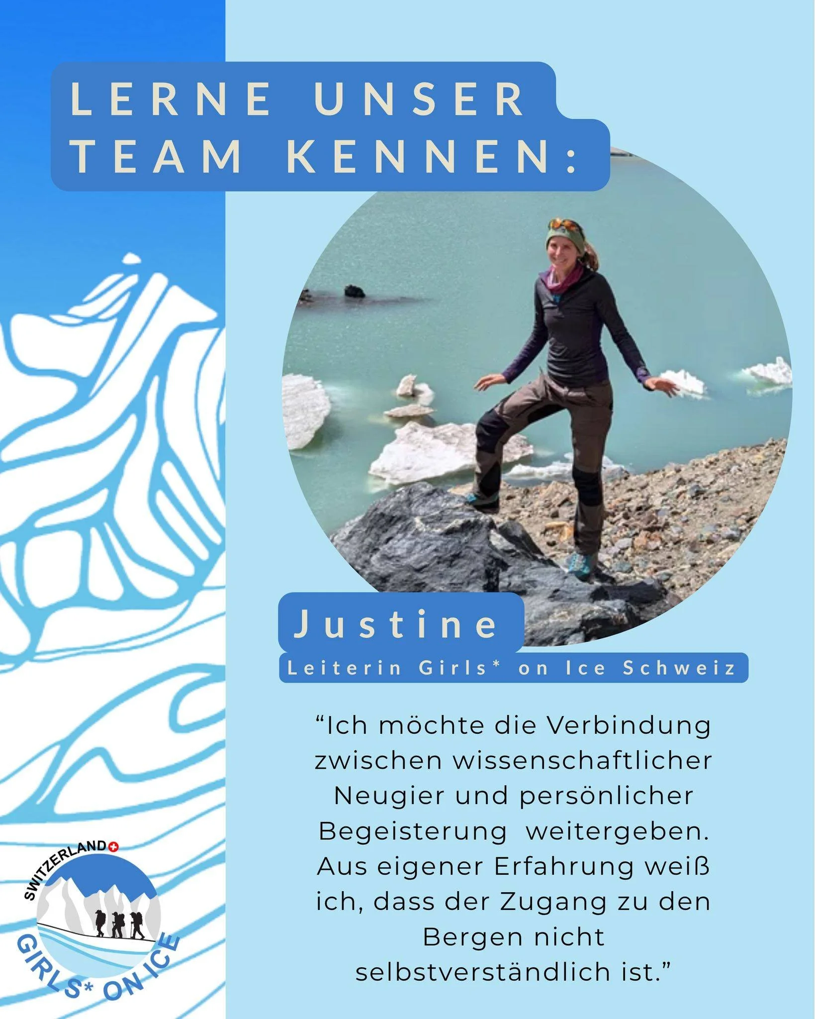 Get to know our Girls* on Ice Switzerland team! This time with Justine, one of our Girls* on Ice Schweiz instructors. Swipe to find out more about her 🎿❄🚲!