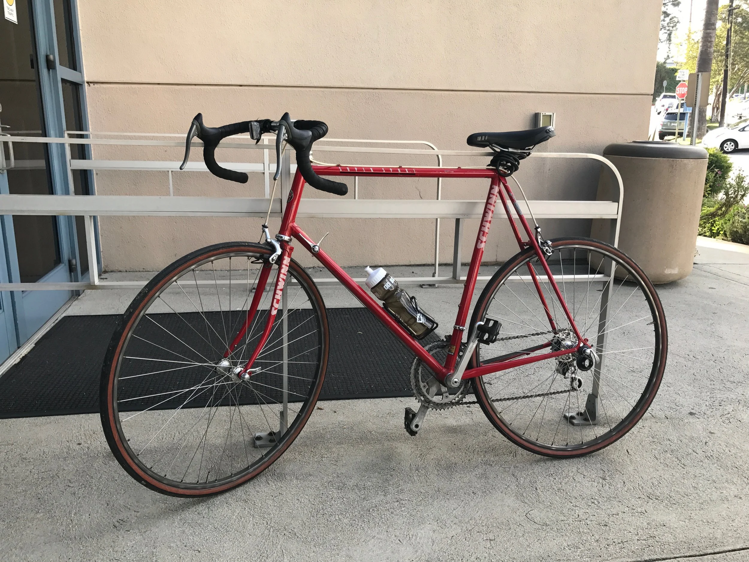 It's locked to the rail. I figured that even bike thieves would be loathe to steal from a cancer center.