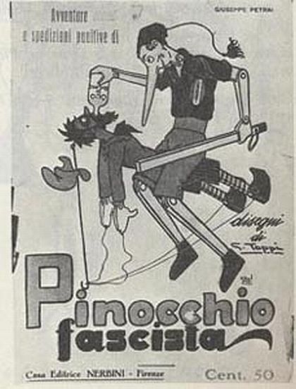 "Pinocchio in 1923, who inflicts lesson after lesson upon the cowardly Red, forcing him to gulp down castor oil, the ritual humiliating punishment of intellectuals and other opponents to the regime." -Giovanni Tiso