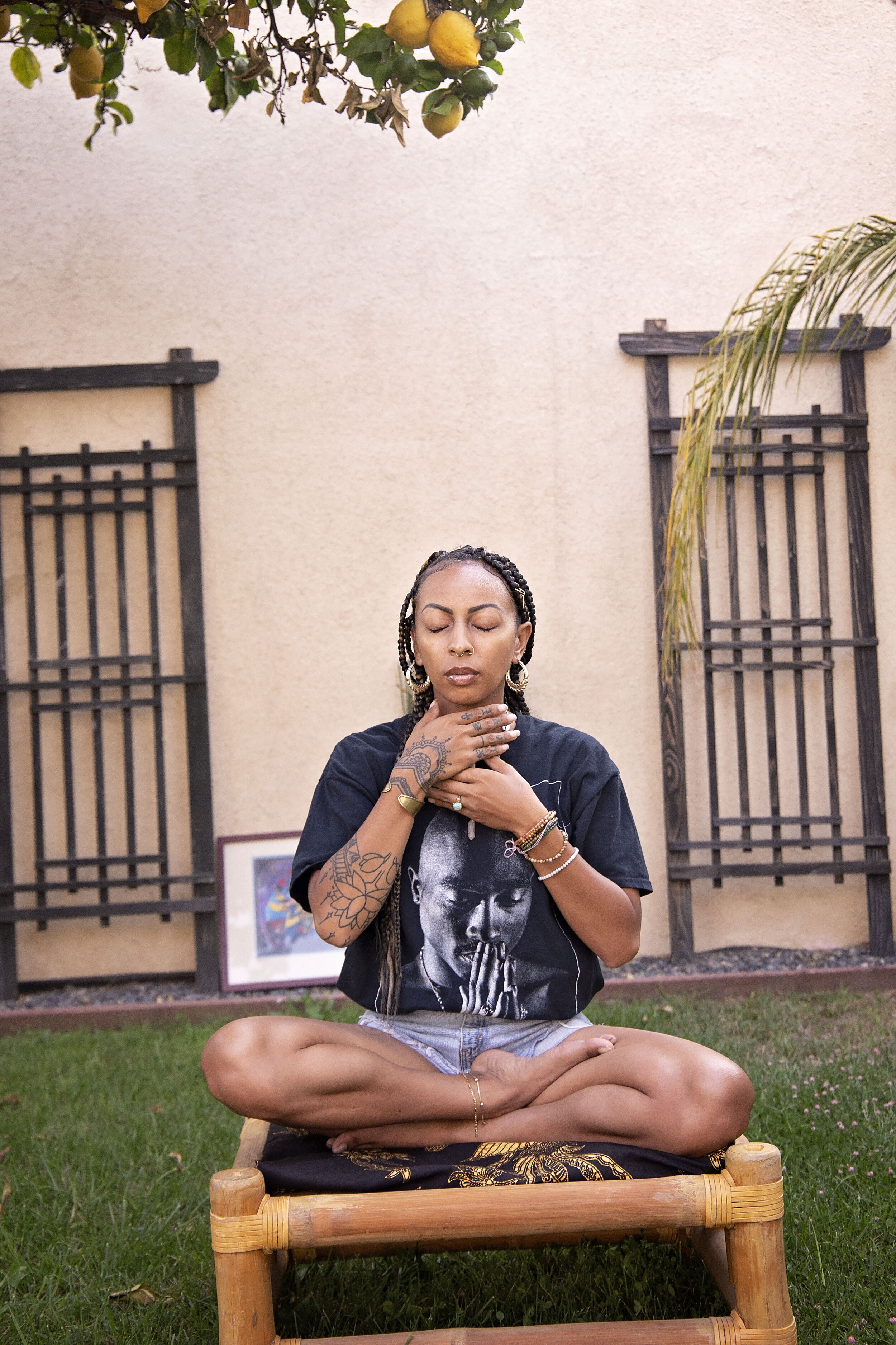 Ratchet-buddha-tiff-meditation-wellness-session-outdoors-los-angeles-south-central-mental-health-black-women-healing-self-love-mats-yoga-nature-trees-sunset-calming-instructor-teacher-mentor