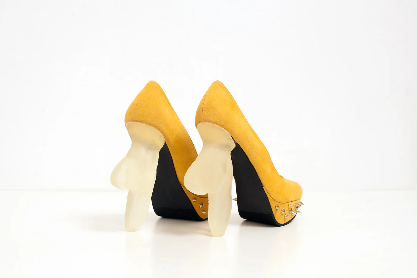 Soft Heeled Shoes, 2013, 3D printed soft heels, suede shoes, metal, 7 x 3 x 7 inches
