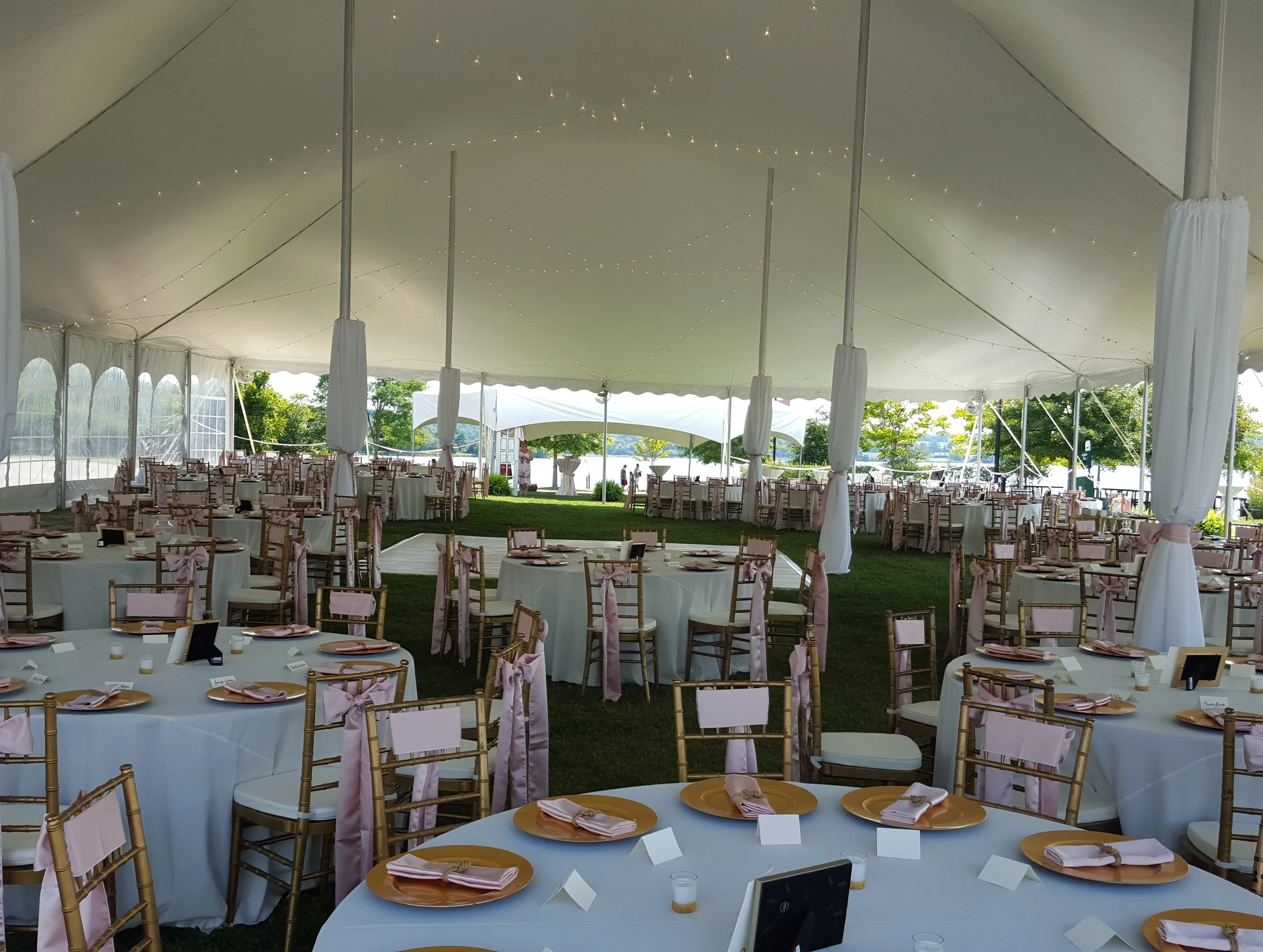 6' round tables and gold Chavari chairs