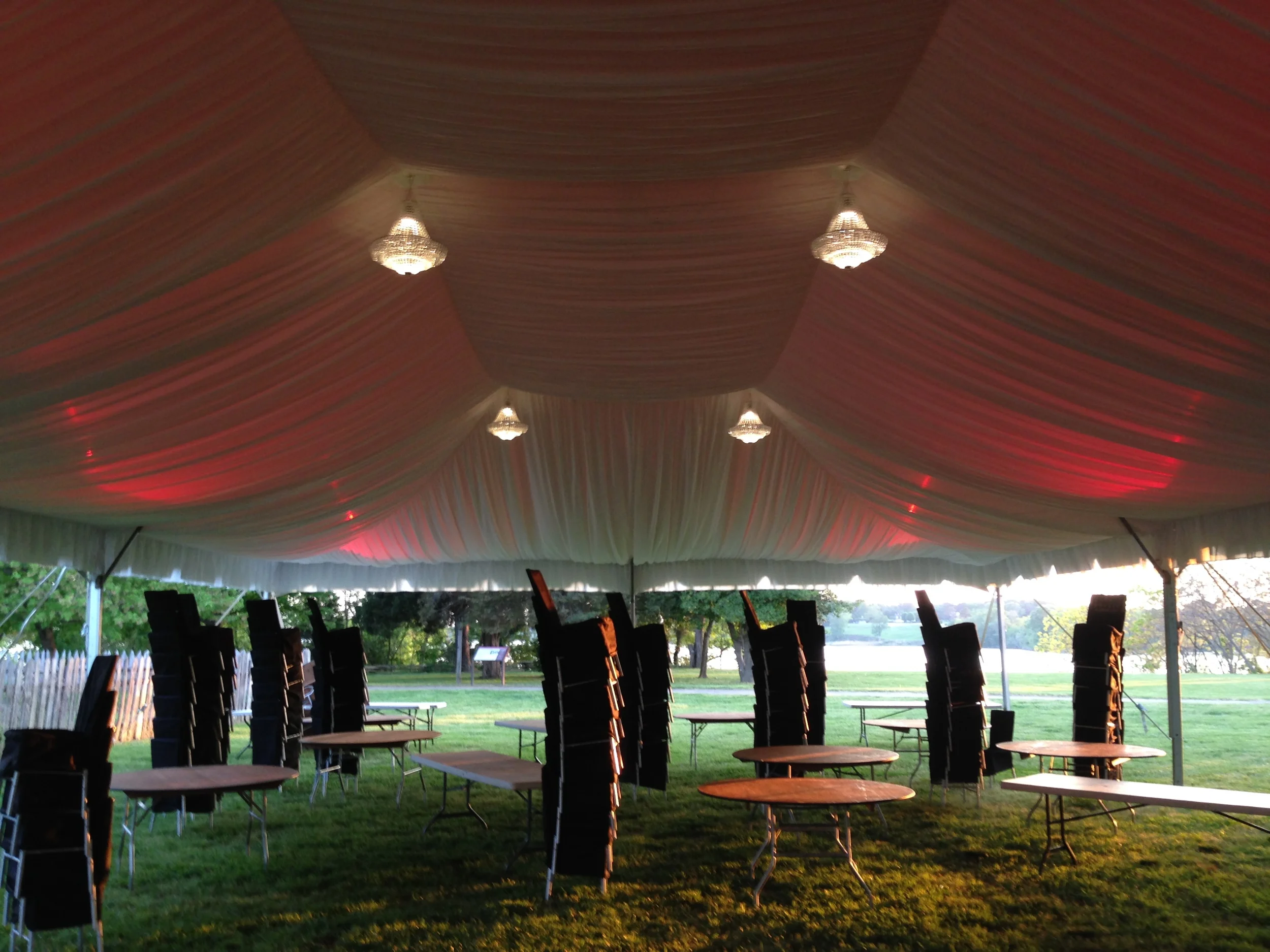 Chandelier lighting with LED colored lights and tent lining