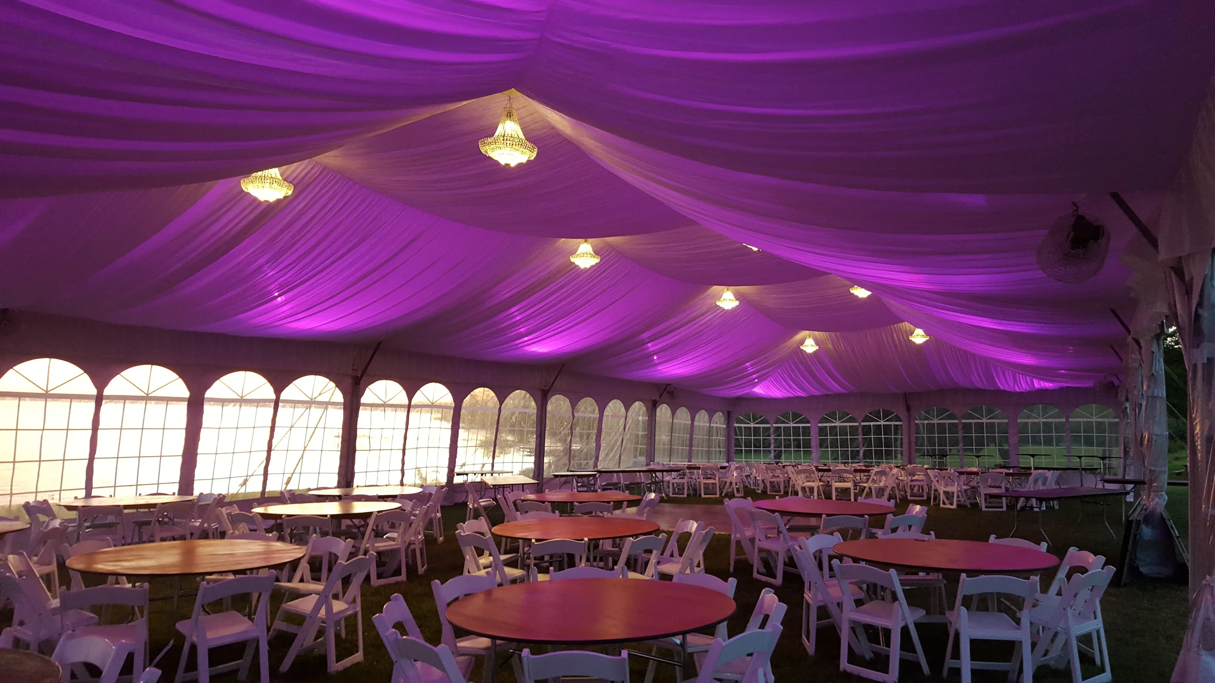 Chandelier lighting with LED colored lights and tent lining