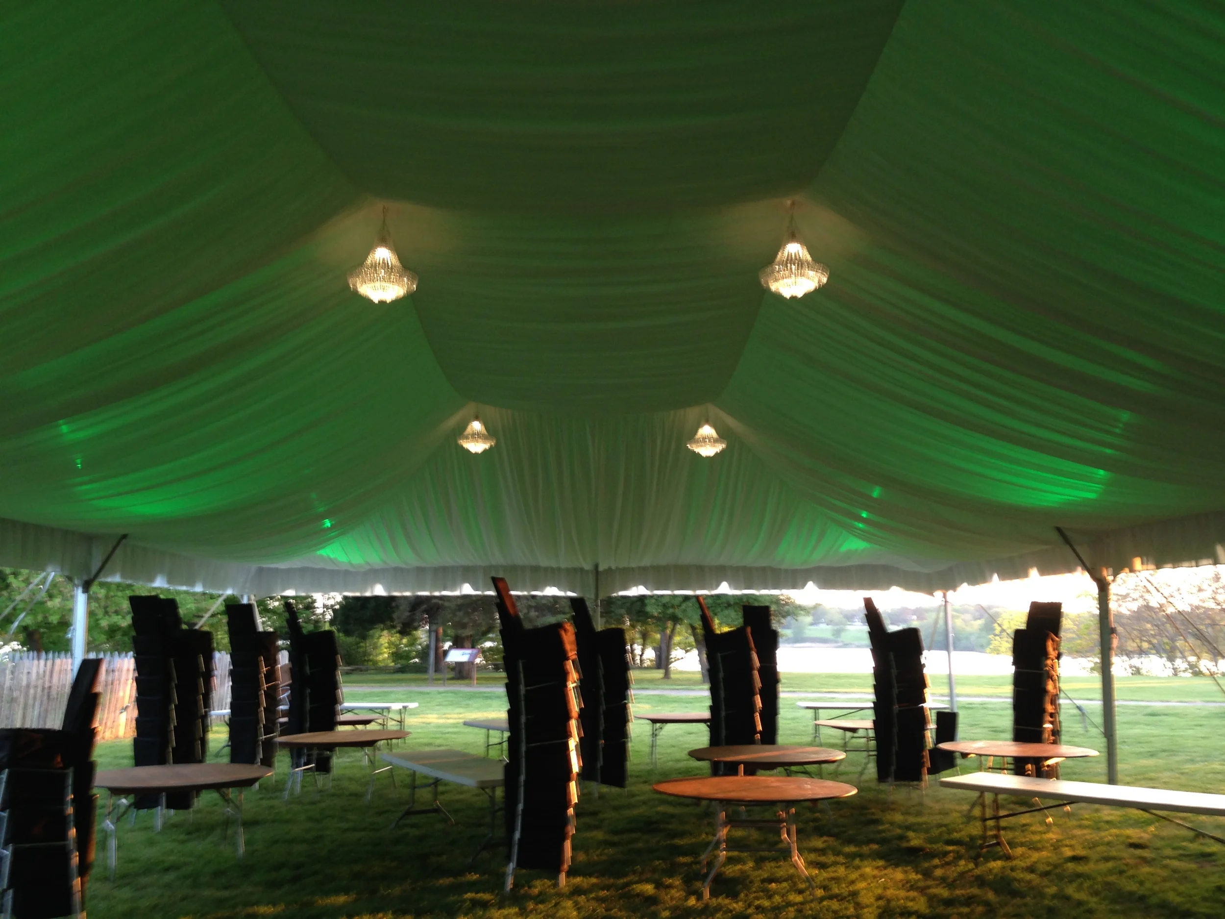Chandelier lighting with LED colored lights and tent lining