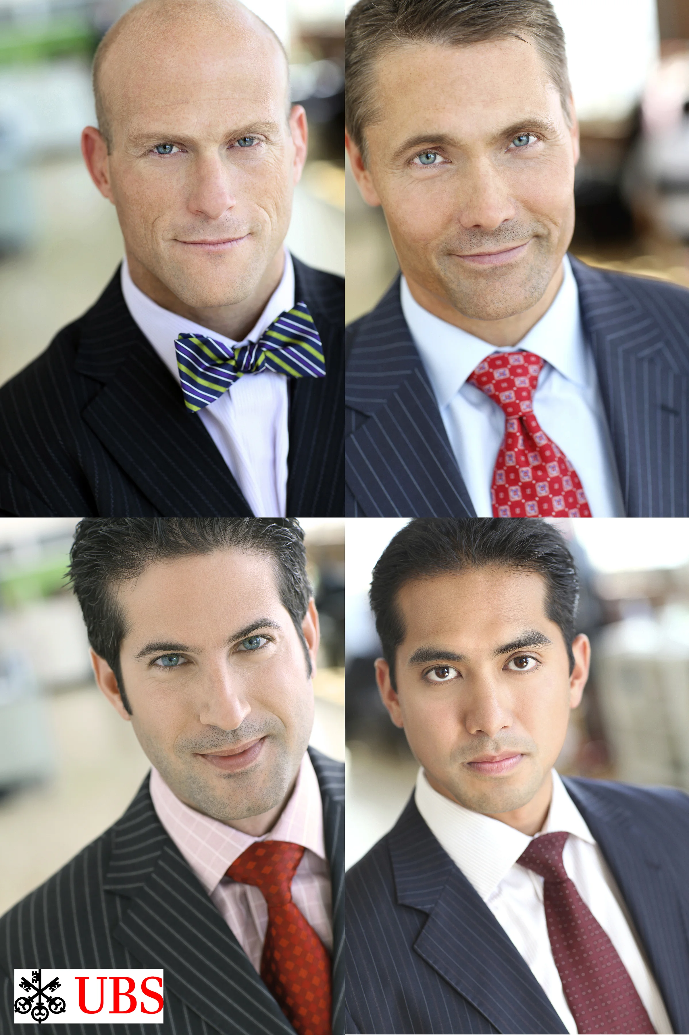 Four professional men in business suits. The top left man has a bald head and wears a striped bow tie. The top right man has short brown hair and a red tie with a white shirt. The bottom left man has dark hair and a patterned red tie. The bottom righ