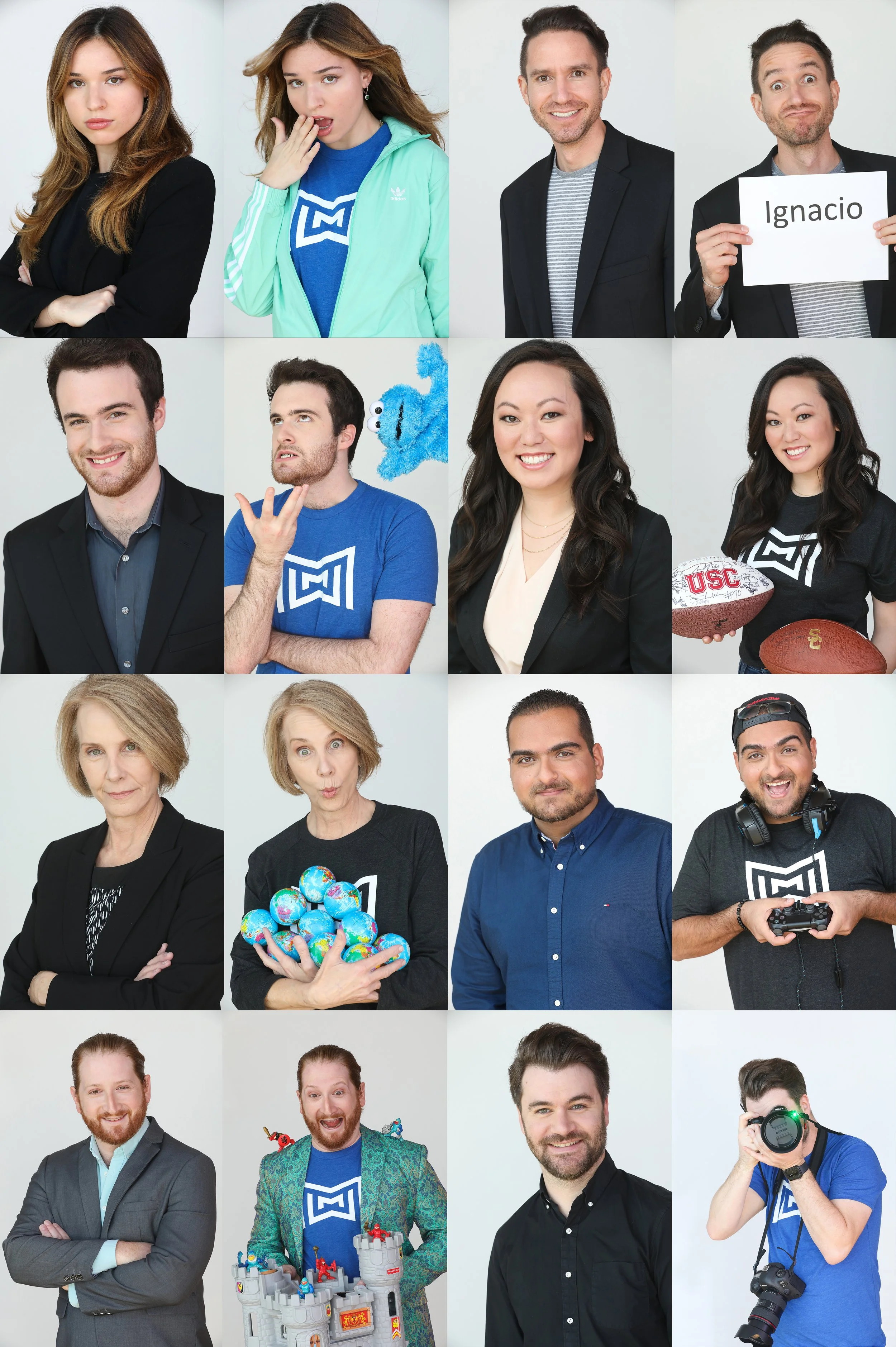 Collage of 16 diverse individuals posing for portraits, some with playful expressions, accessories, or props related to hobbies and interests, all in front of a plain white background.