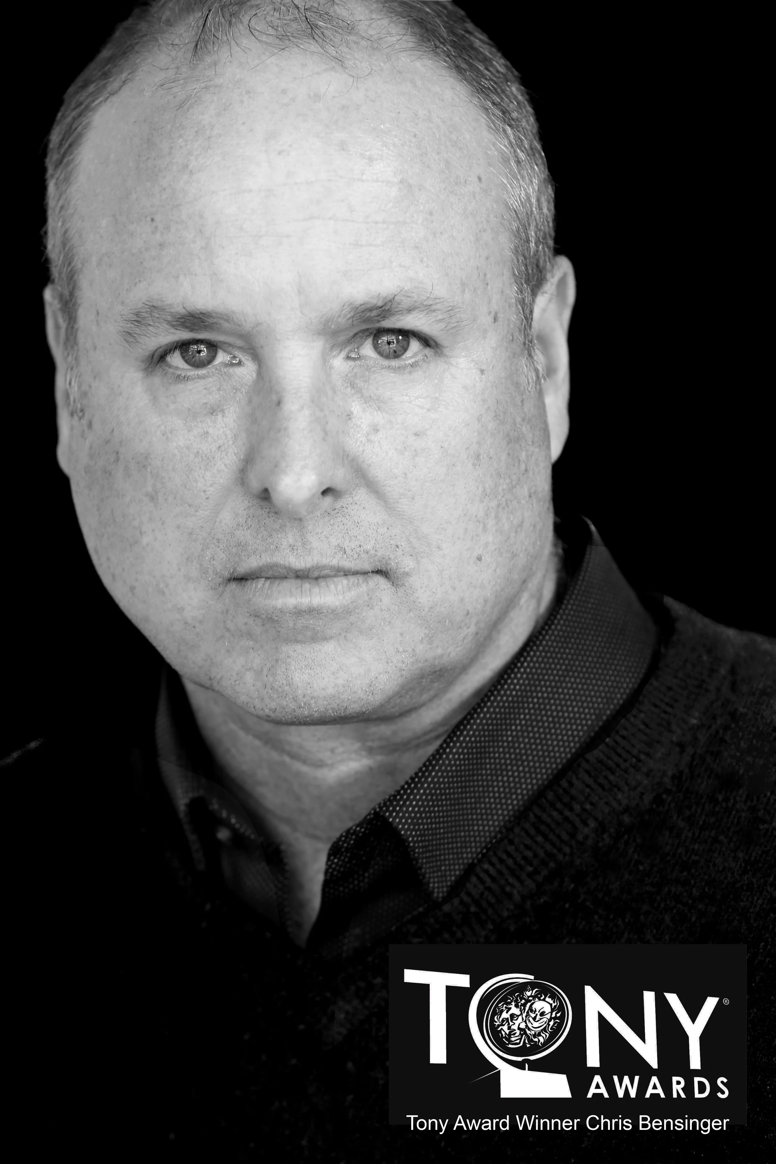 Black-and-white portrait of Chris Bensing, Tony Award winner, with text overlay reading "TONY AWARDS" and "Tony Award Winner Chris Bensing."