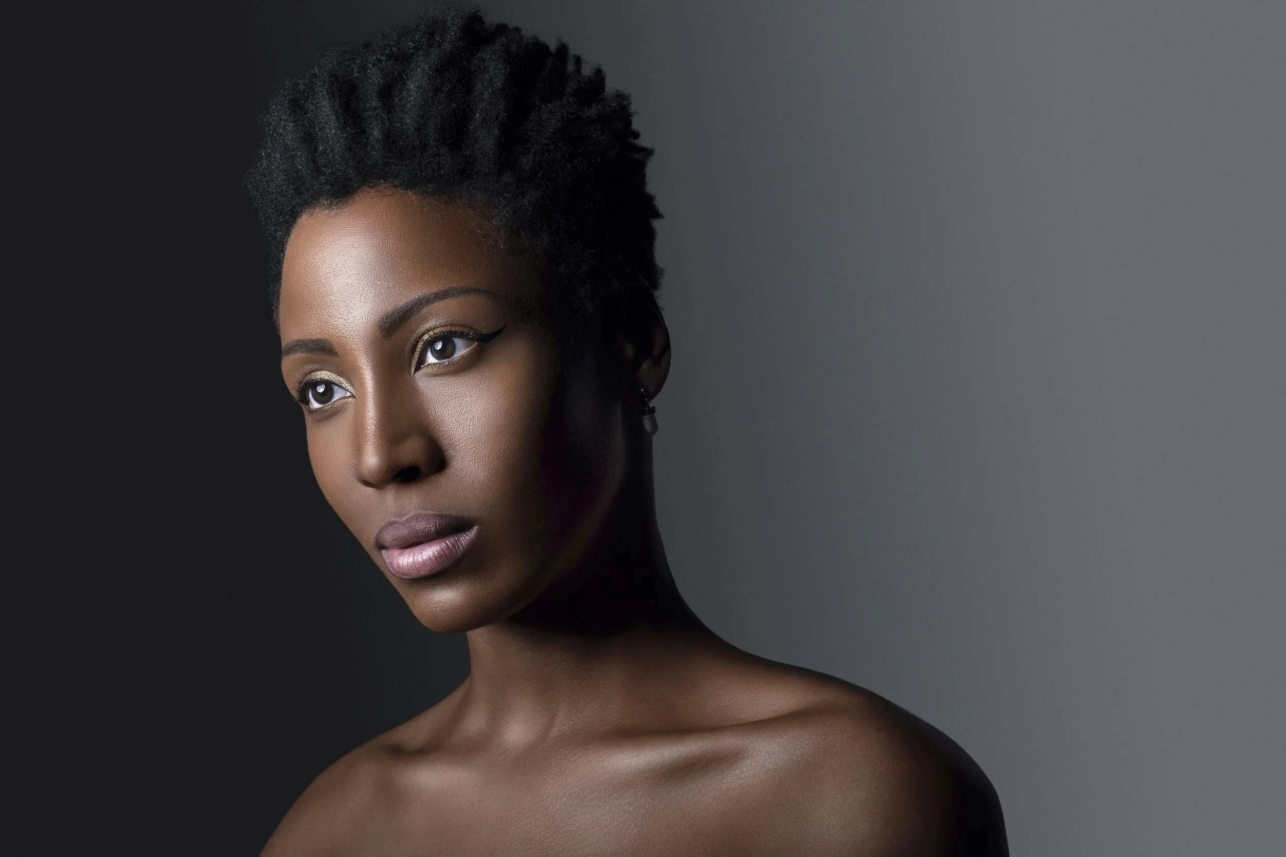 Portrait of an elegant Black woman with natural afro hairstyle, wearing makeup with winged eyeliner, and small earrings, against a dark gradient background. Model photographed by Los Angeles photographer Kenneth Dolin. Top Los Angeles photographer sp