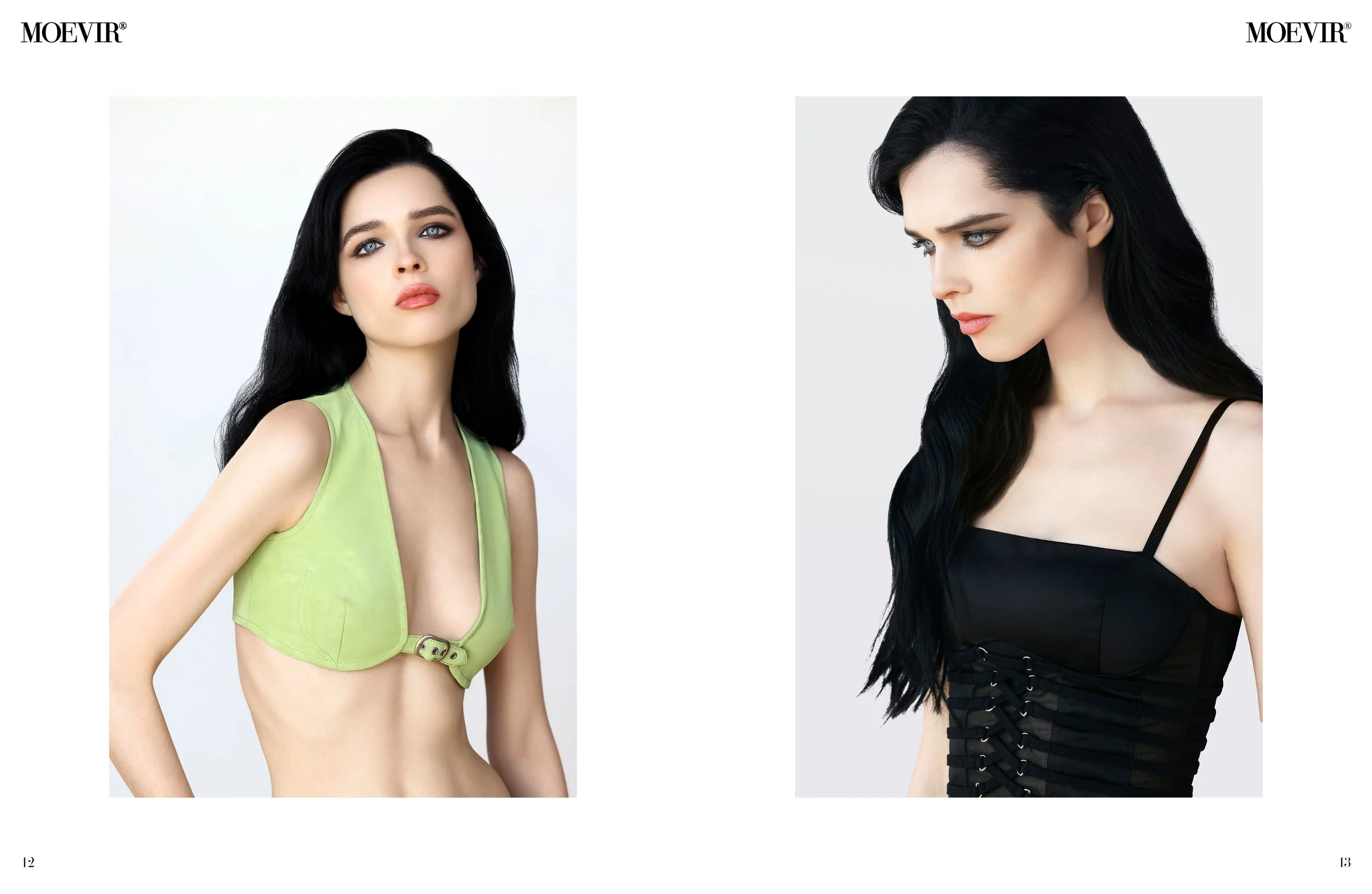 Side-by-side photos of a woman with black hair, fair skin, wearing different outfits. The left woman has a lime green sleeveless top, looking directly at the camera with a neutral expression, while the right woman has a black strap top, looking downw