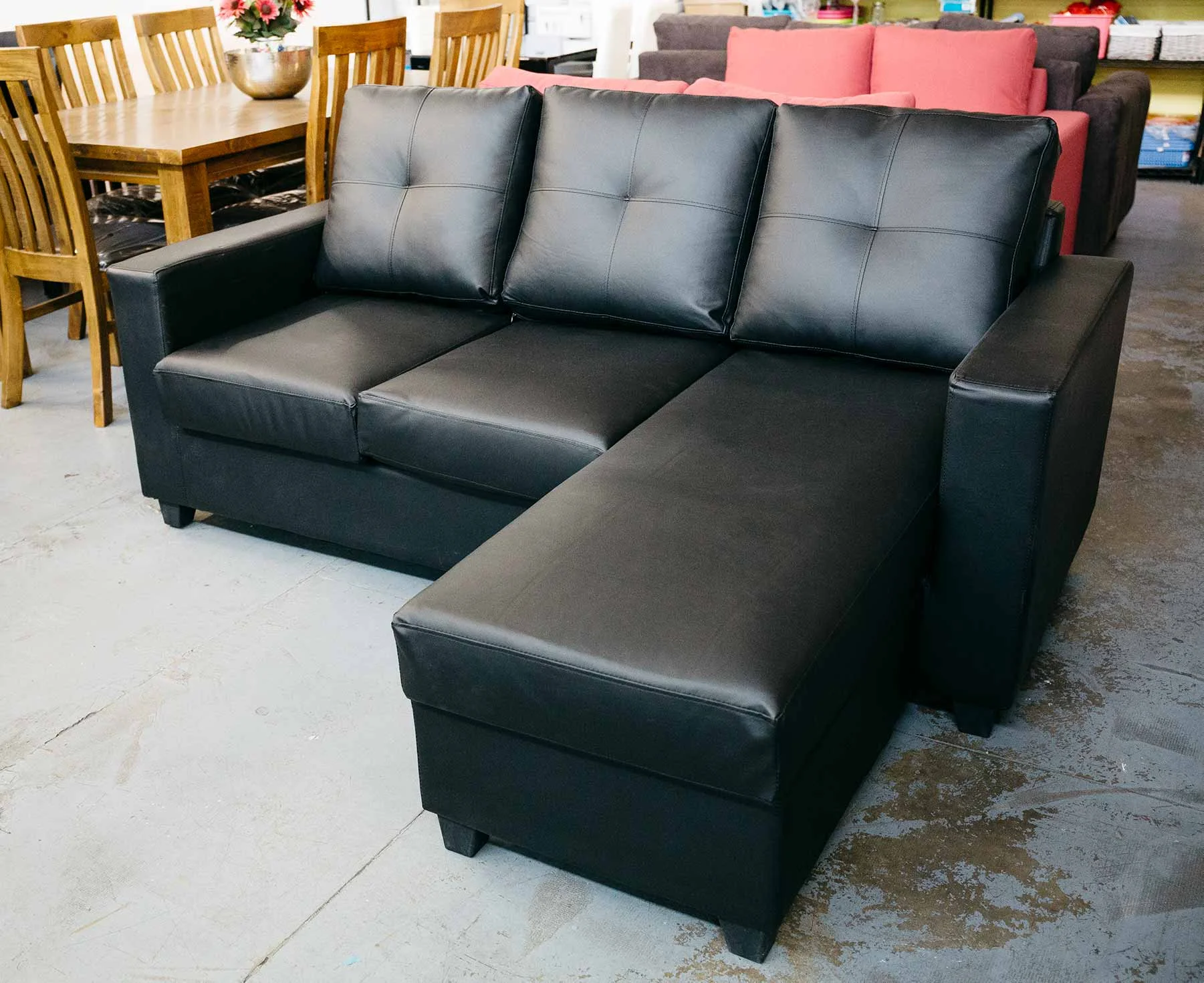 Bonded Leather 3 Seater Chaise Sofa Black