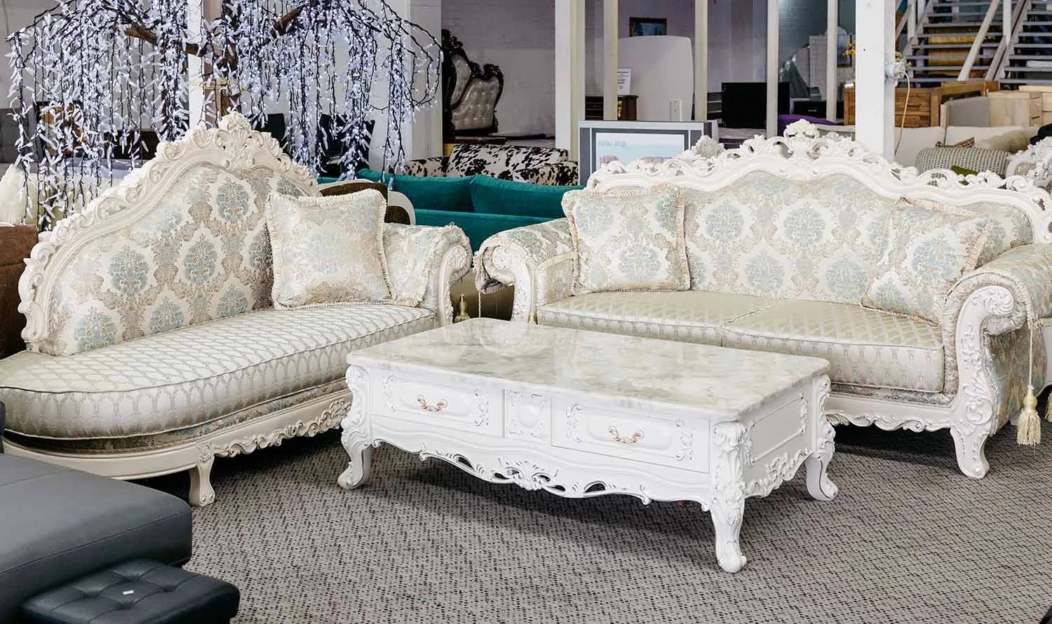 European Style Luxury Lounge Set With Carved Wood Frame Design
