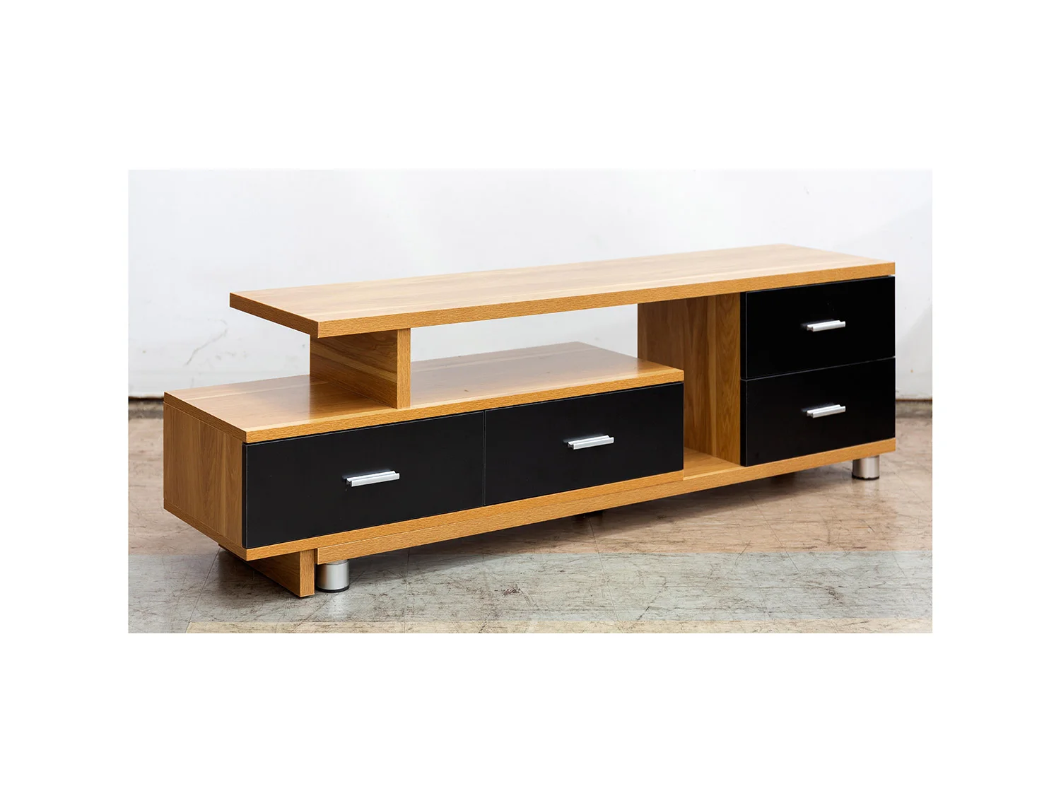 Golden Oak &amp; Black TV Unit 4 Drawers Extendable