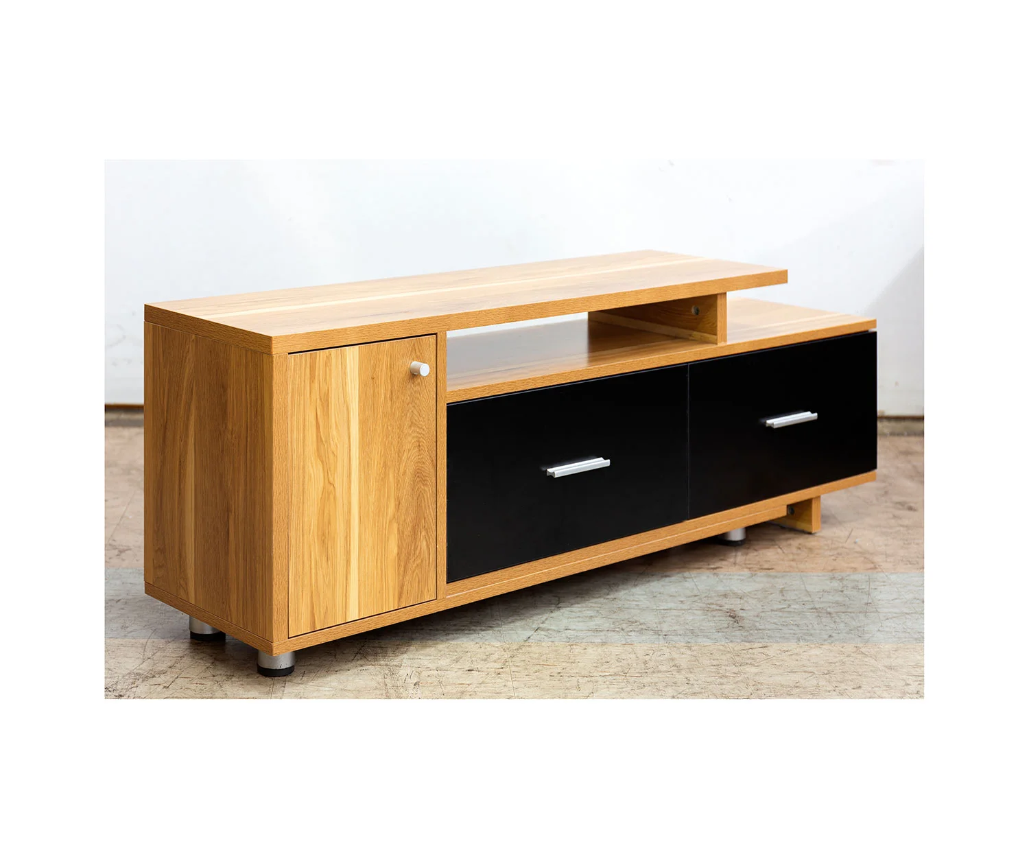 Golden Oak &amp; Black TV Unit 1 Door 2 Drawers Extendable
