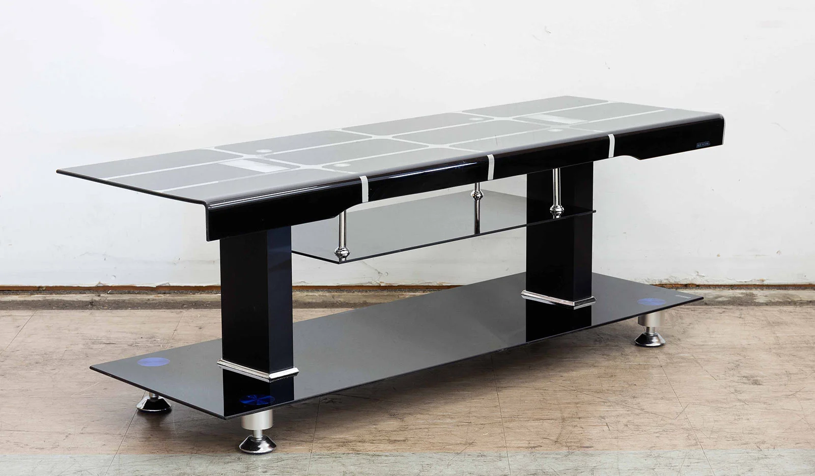 Black Glass TV Unit Grid Design With Floating Shelf