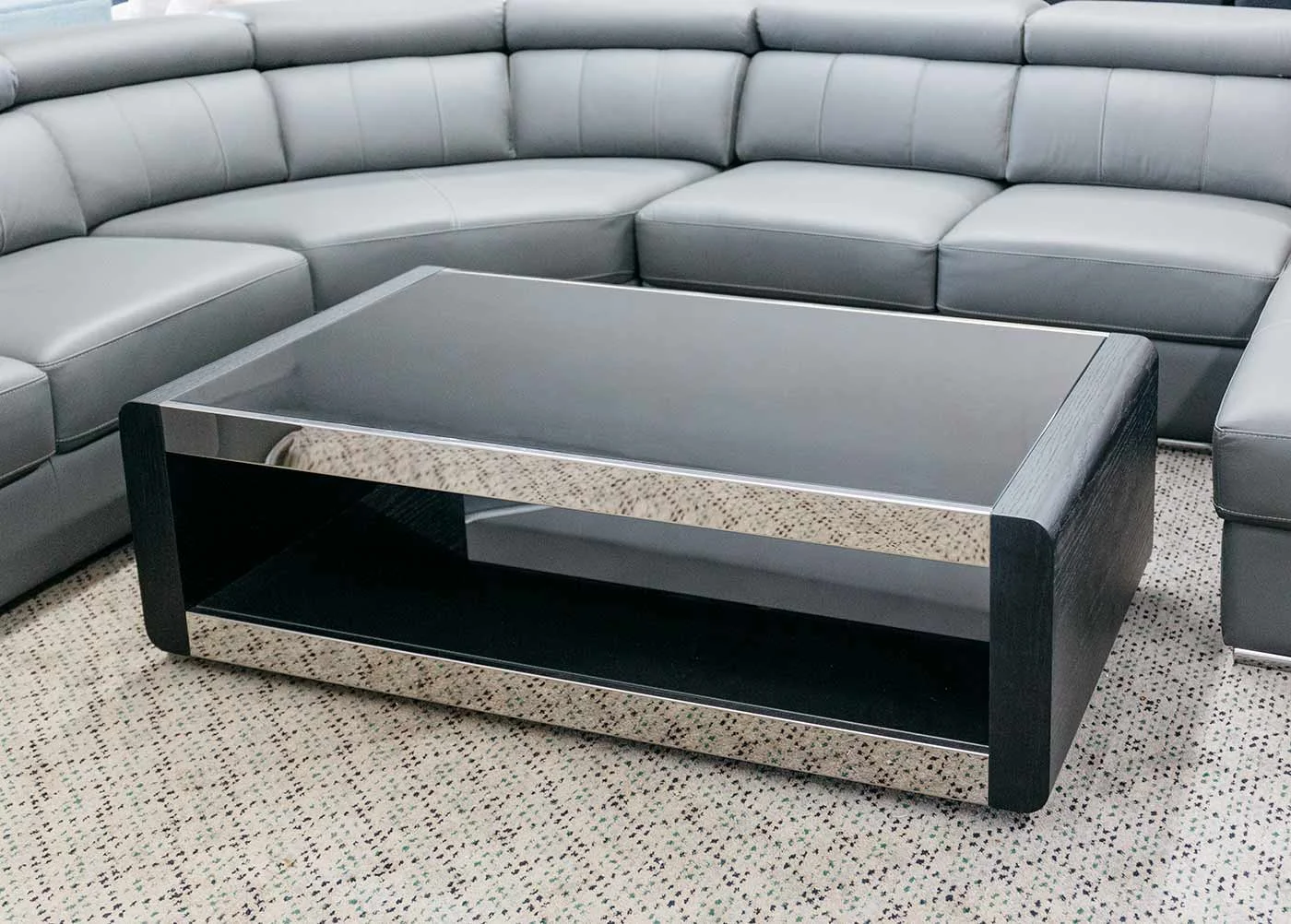 Black Glass Coffee Table With Shelf &amp; Wood Veneer Sides