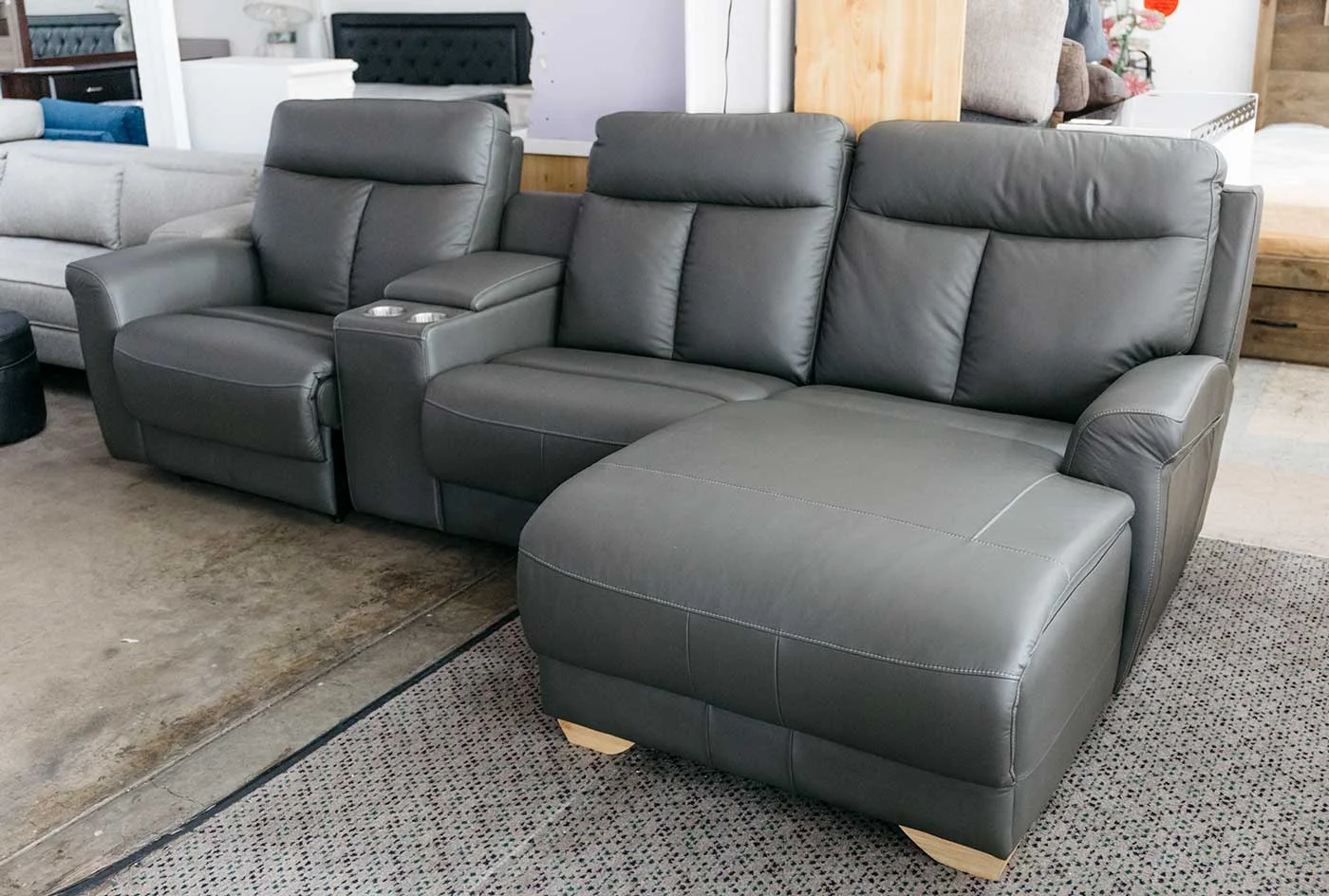 Italian Leather 3 Seater Chaise With Electric Recliner &amp; Cupholder Storage