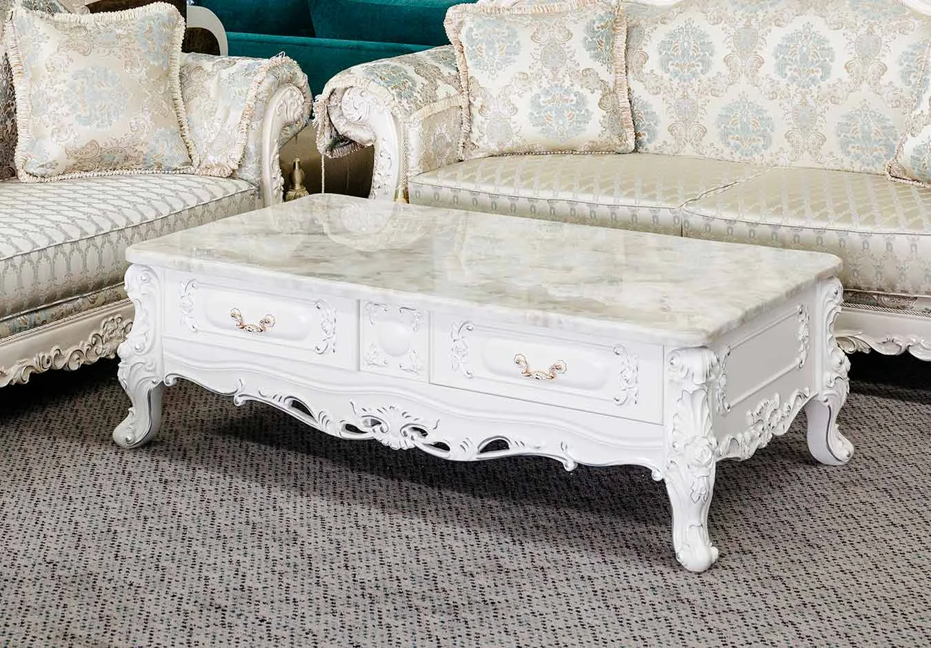 European Style 4 Drawer Marble Top Coffee Table