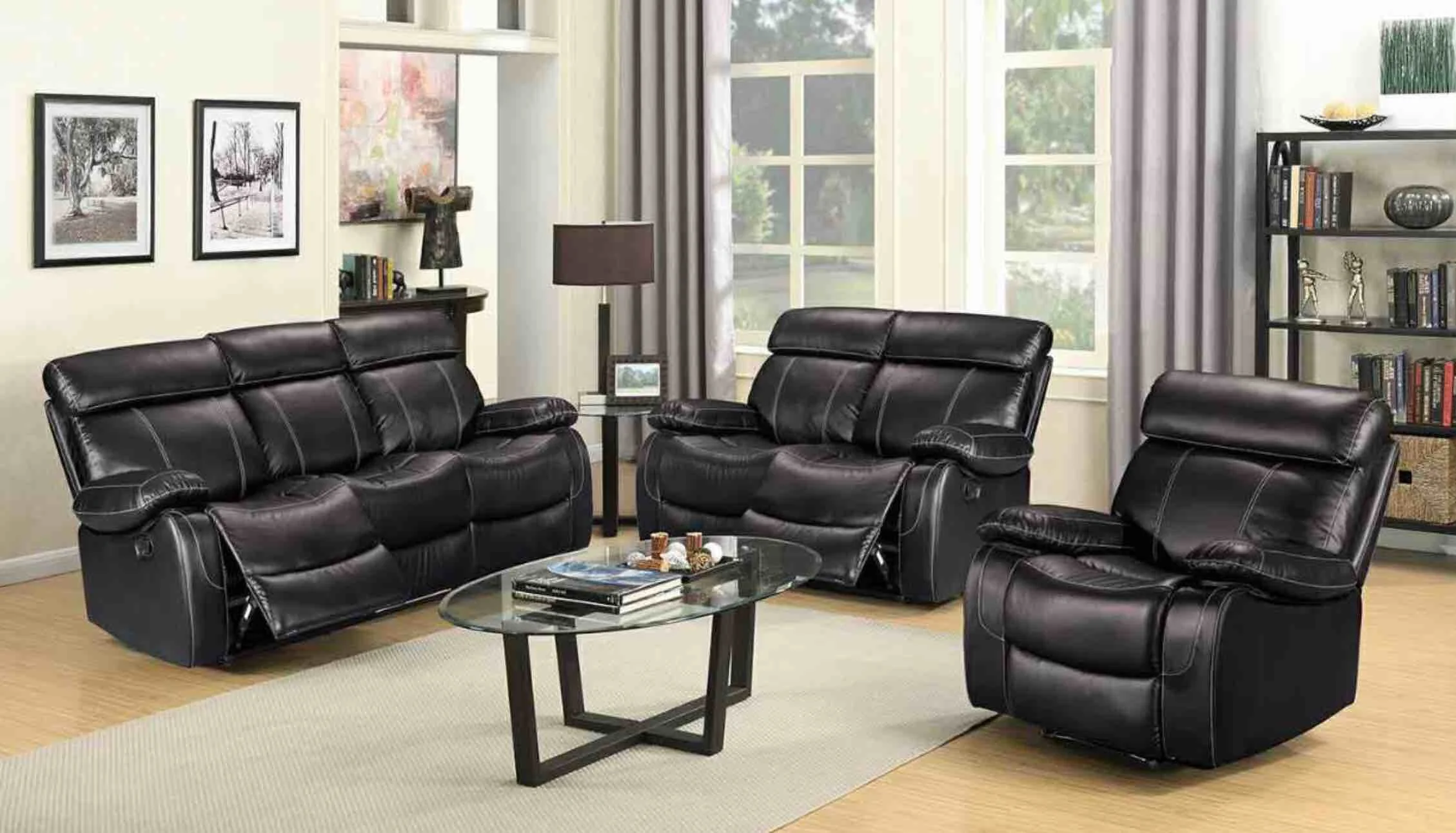 Black Bonded Leather 3 + 2 + 1 Recliner Sofa Set