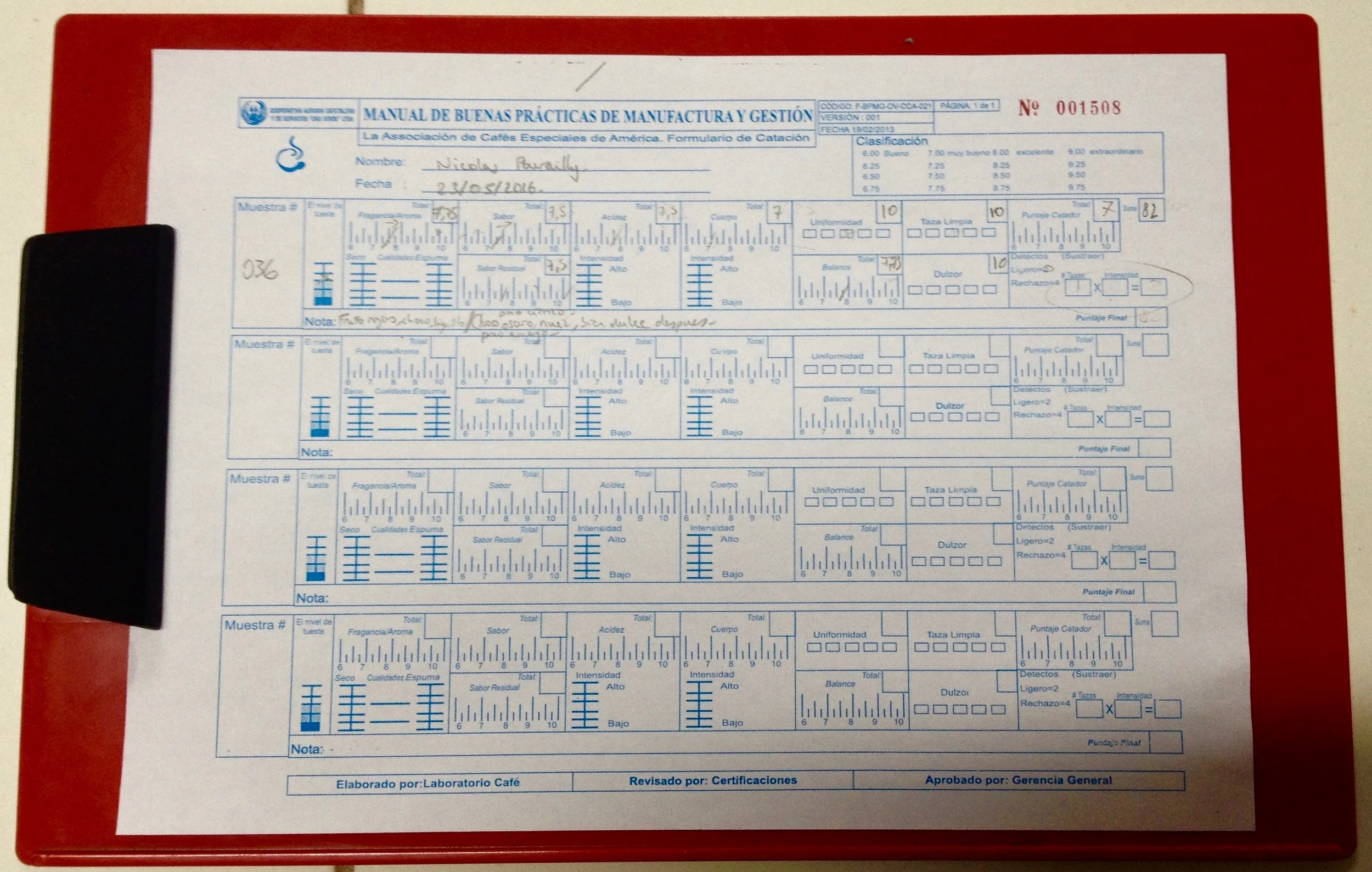 Fiche de notation Oro Verde selon les critères de la SCAA.