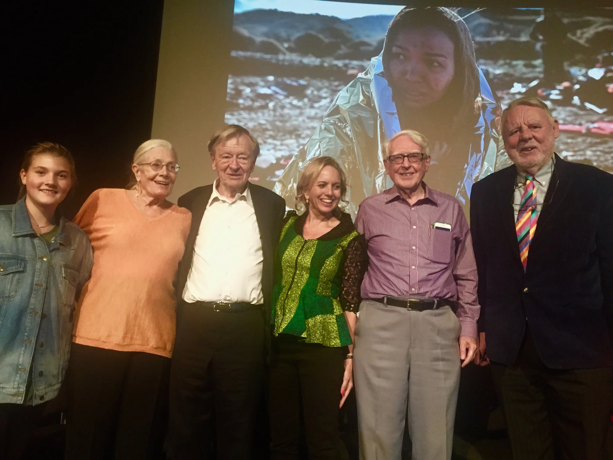 Vanessa Redgrave surrounded by her granddaughter, Lord (Alf) Dubs, Kirsty Brimelow QC and Terry Waite