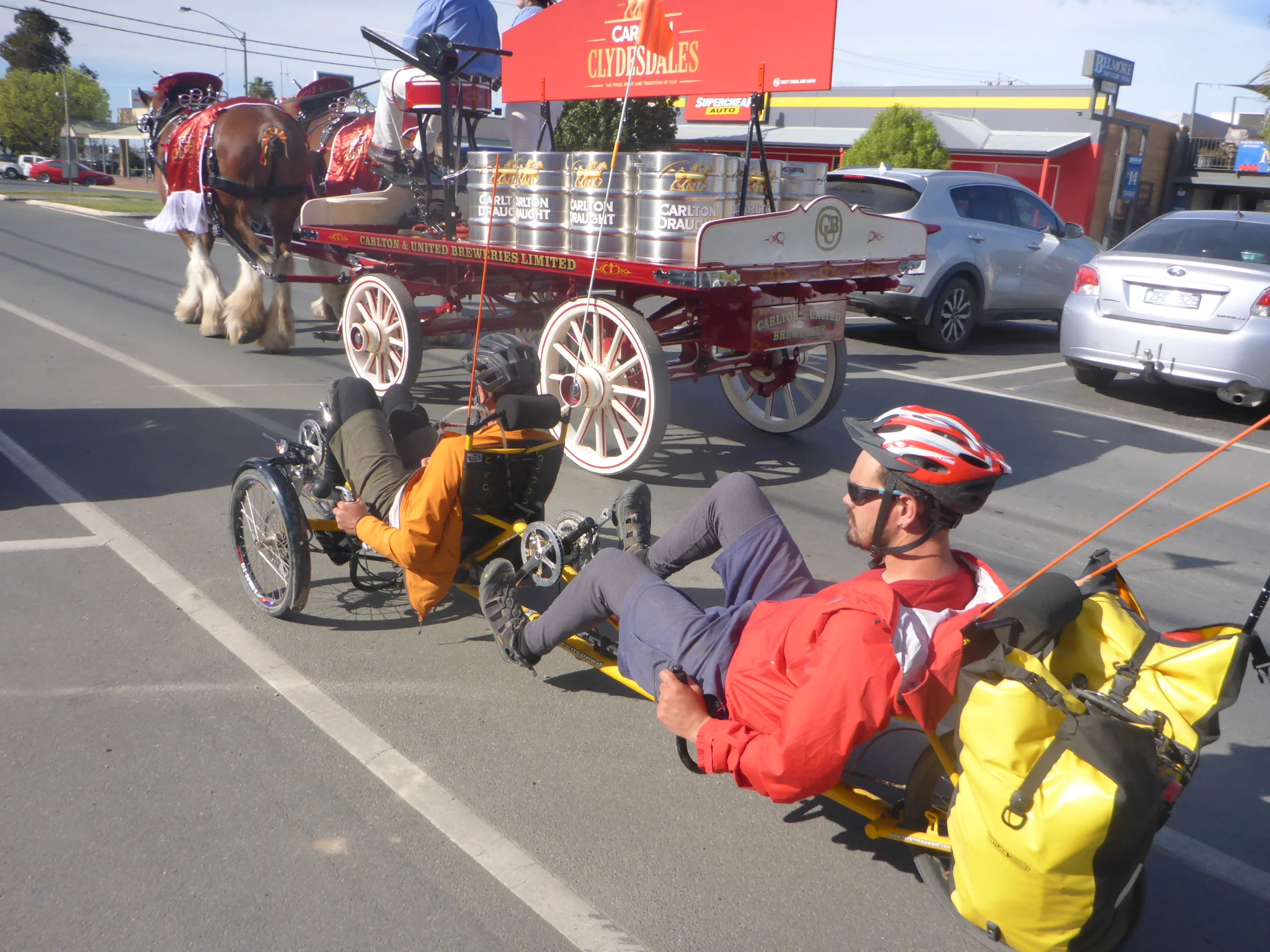 The tandem crew in Yarawonga, one of the Murray towns. Photo: Walter Van Praag.