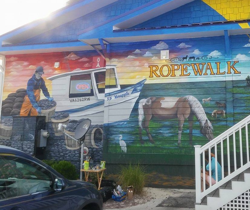 Progress Shot of Ropewalk Chincoteague exterior Mural